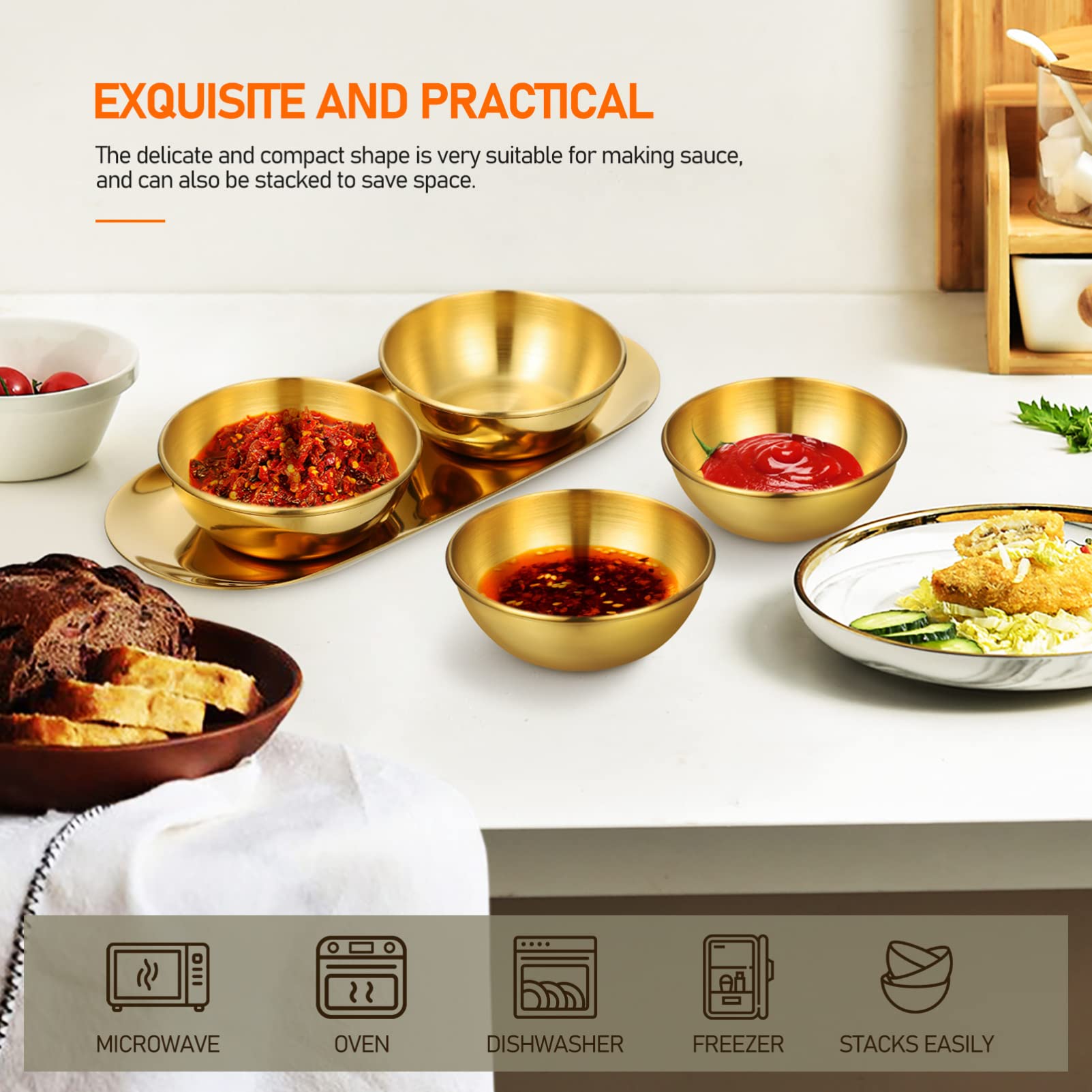 FUNOMOCYA 6 Pcs Sauce Bowl Tray Serving Platters Gold Decorative Tray Platters Trays Decor Tray Condiment Tray Small Condiment Bowls Small Soy Sauce Dish Seasoning Bowl Stainless Steel