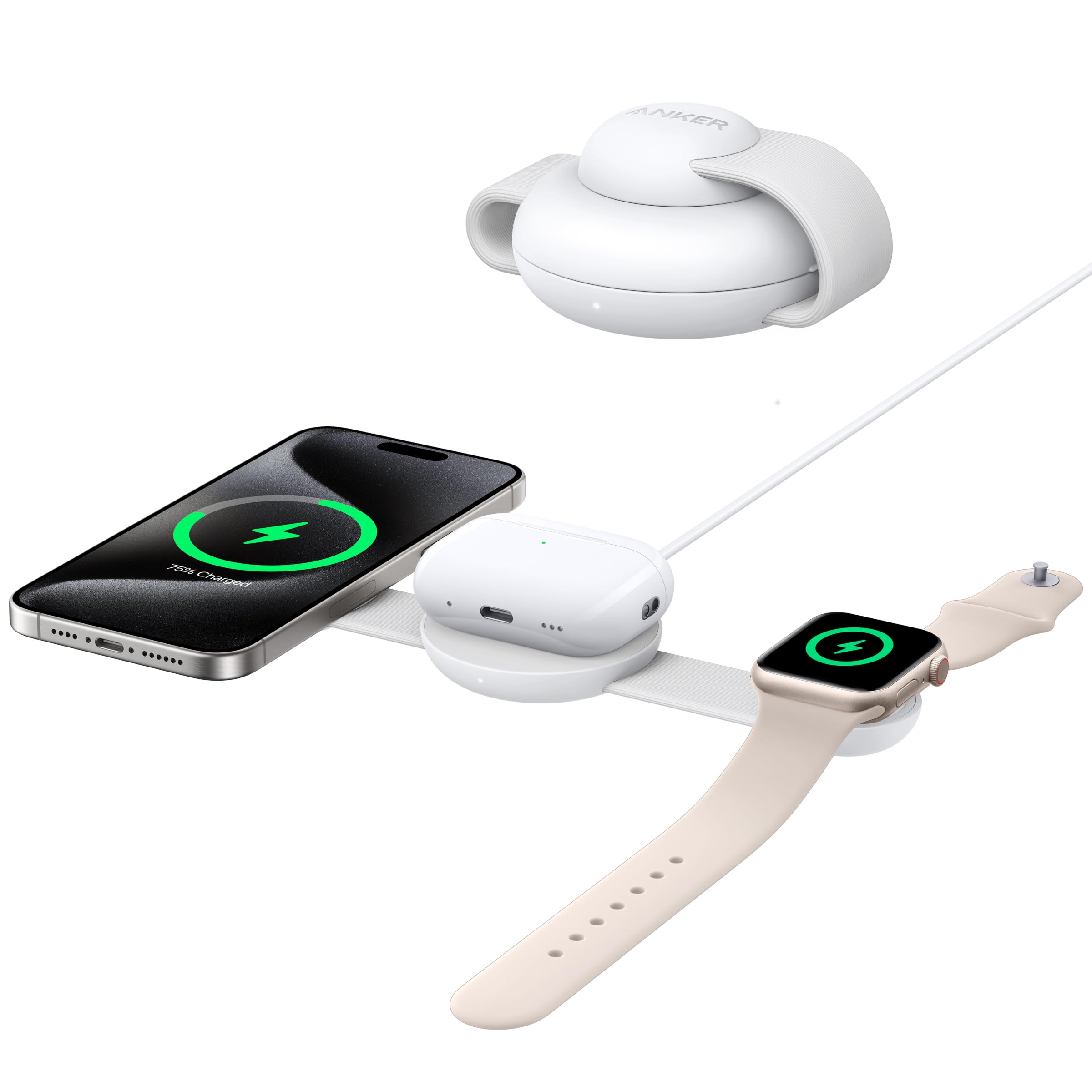 Stazione di ricarica wireless 3-in-1 Anker MagGo 15W, compatibile con MagSafe, certificato Qi2, pieghevole e portatile per iPhone 16/15/14/13, AirPods, Apple Watch e altro (caricatore USB-C incluso)