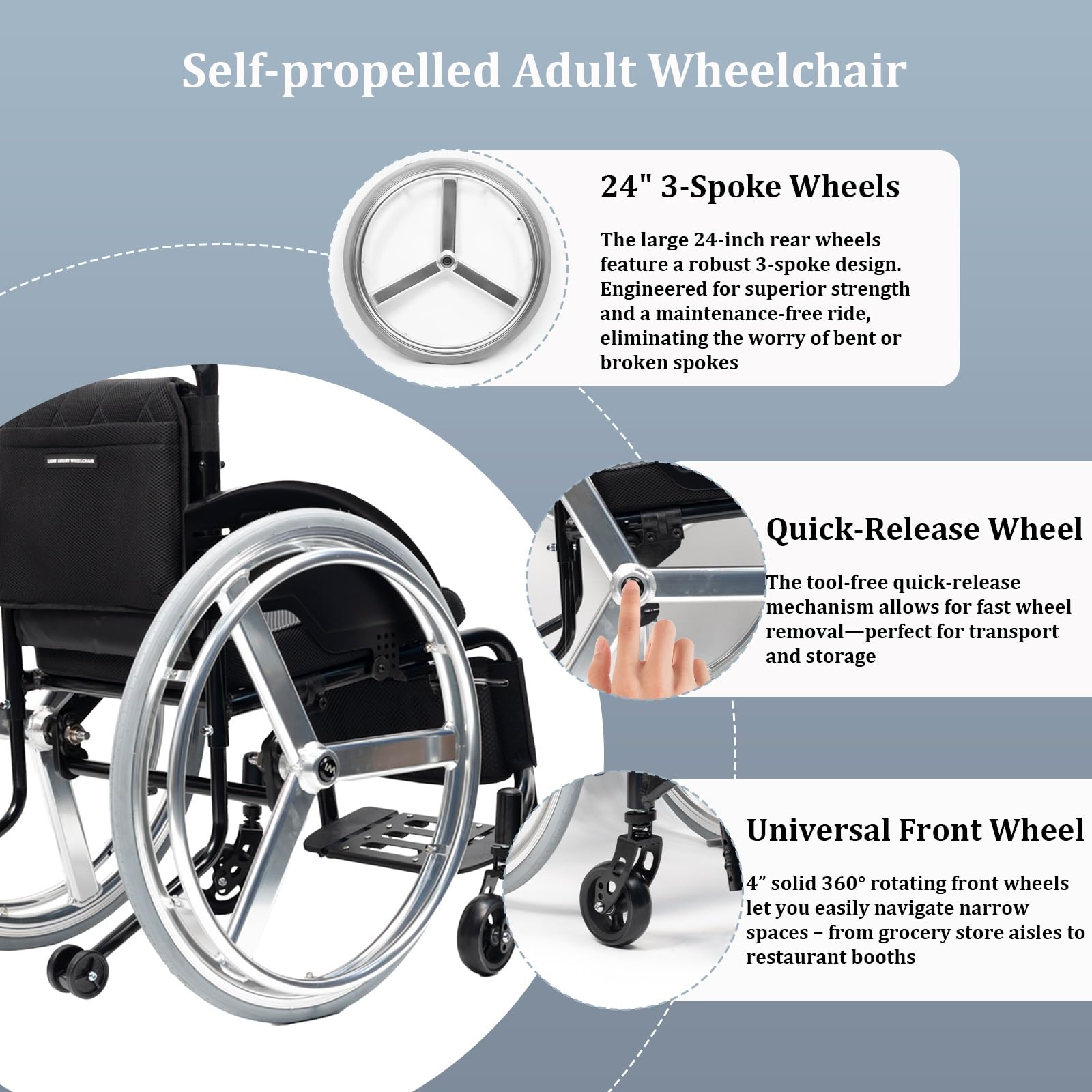 Aluminiowy wózek inwalidzki podróżny, ultralekki, samobieżny, hamulec towarzyszący, dla dorosłych na zewnątrz, tranzytowy (A,42 cm/16,5 cala)