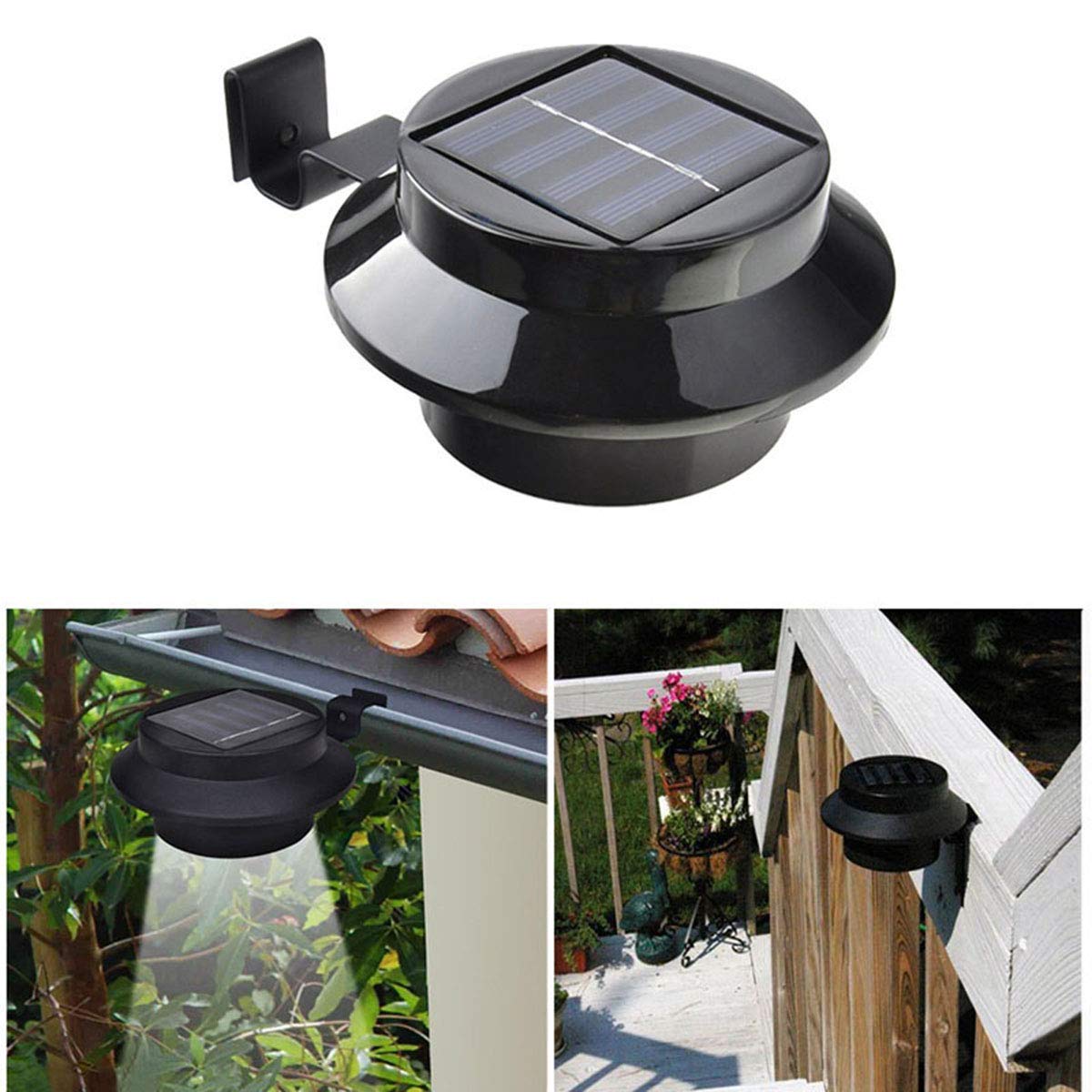 Leyeet 1Pc 3LEDs Solar Panel Black Solar Power Powered Outdoor Garden Light Gutter Fence LED Wall Bracket (Color: Black Shell+White Light)