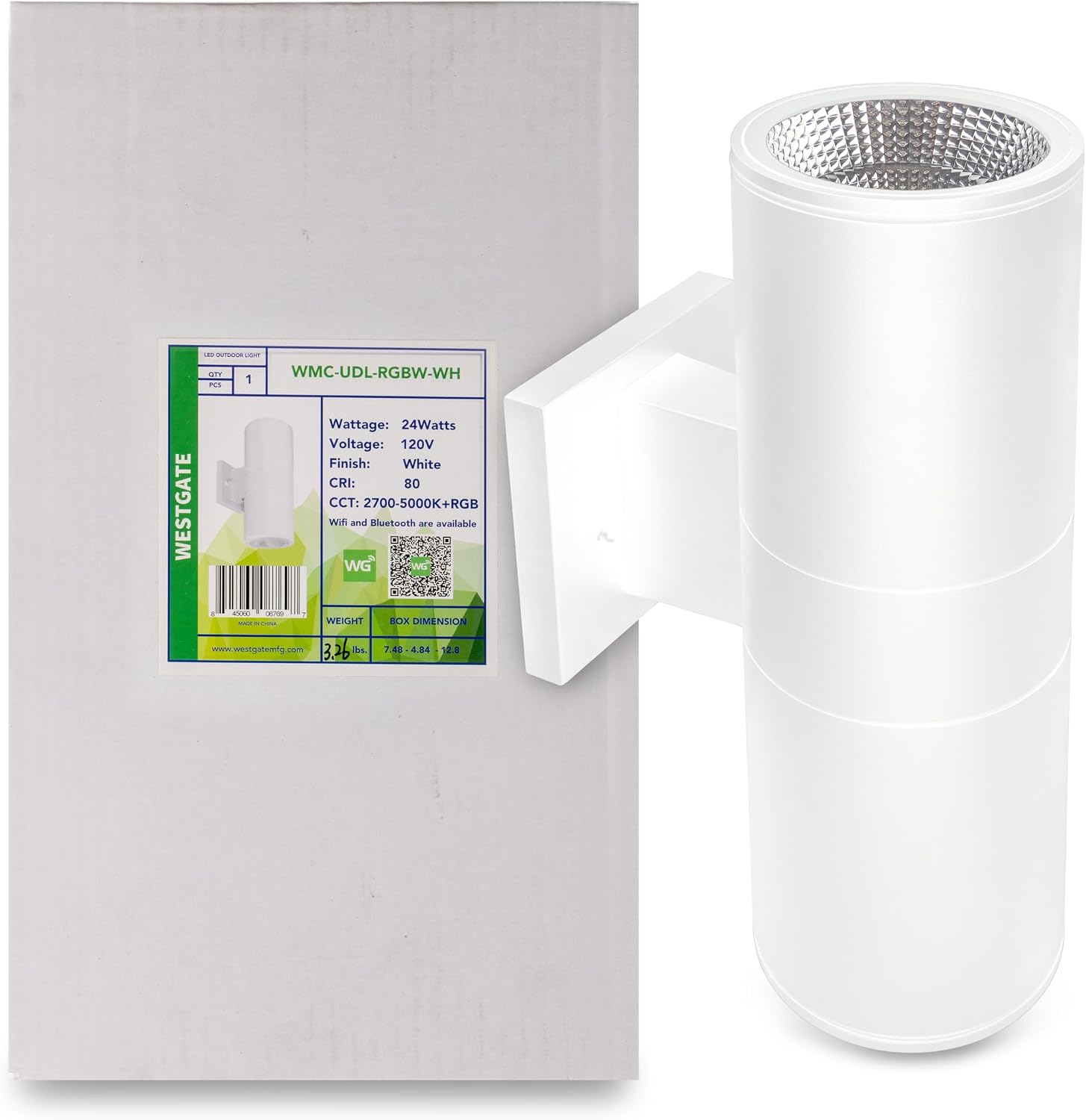Westgate WMC-UDL-RGBW-WH White Cylinder RGBW Smart Up/Down Light - 24W LED, 2400LM, Outdoor Wall Sconce, Bluetooth & WiFi, Alexa & Google Home, Wet Rated, 70,000 Hr. Life (White)