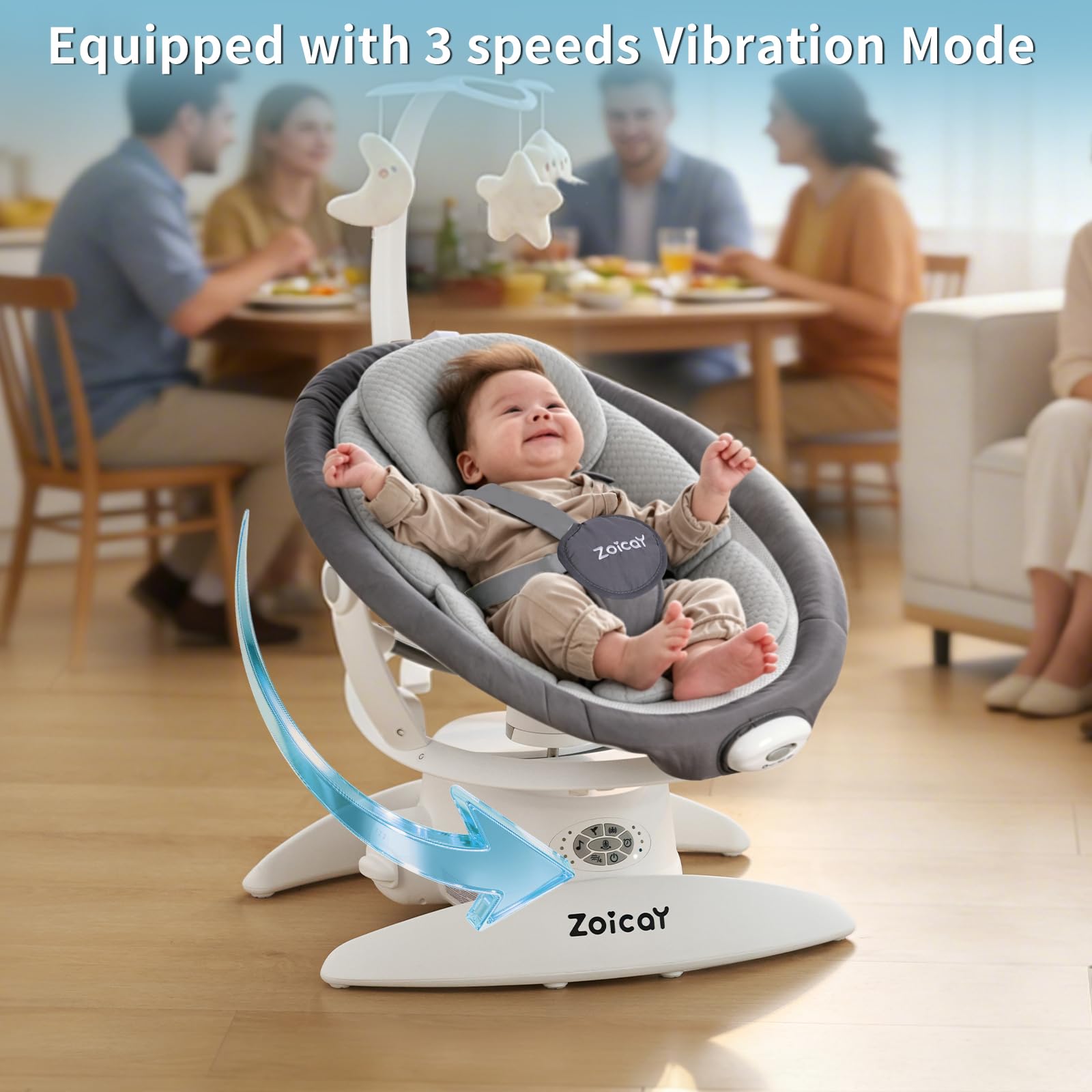 Sdraiette e dondolini con rilevamento del movimento Zoicay 3-in-1 sdraietta neonati regolabile a 360° e bluetooth e telecomando funzione di timer e musica integrata per uso indoor&outdoor (Grigio)