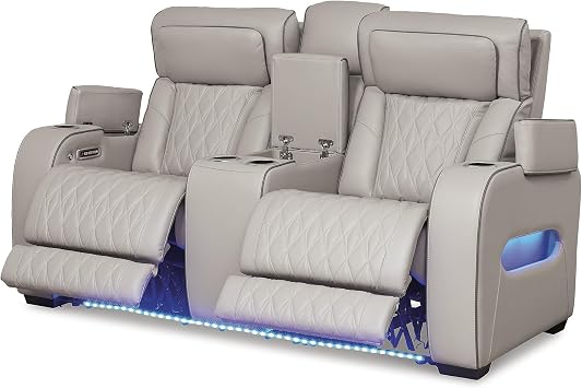 Signature Design by Ashley Boyington Contemporary Leather Match Power Reclining Loveseat with Console and USB Charging Ports, LED Lights and Adjustable Headrest, Light Gray