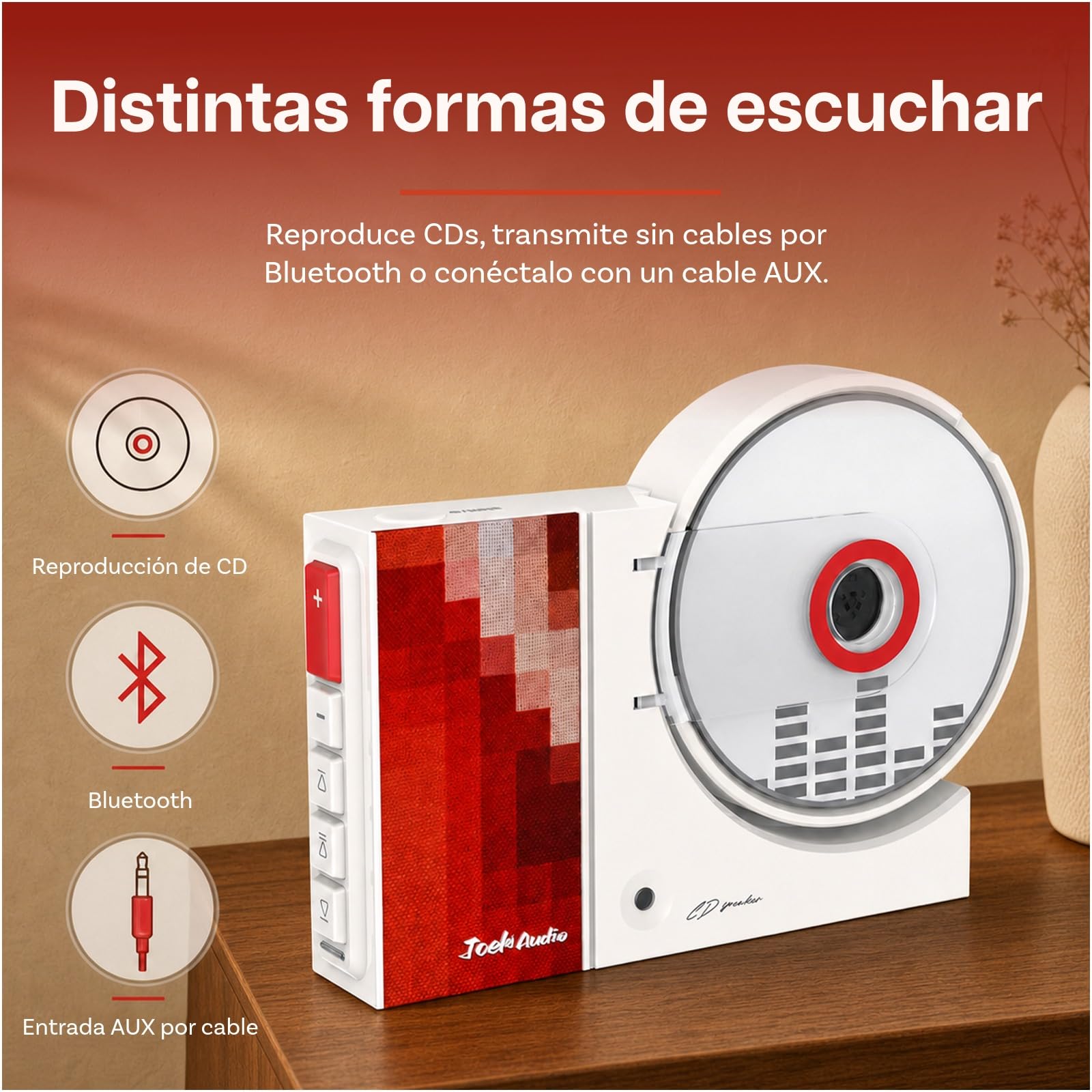 Reproductor de CD Retro, Altavoces Integrados y Emisor Bluetooth de MMOBIEL | Montaje en Pared sin Taladrar, Portátil, Reproducción USB, Salida AUX, Mando a Distancia – 6W Power, 88Hz–20kHz & 4000 mAh