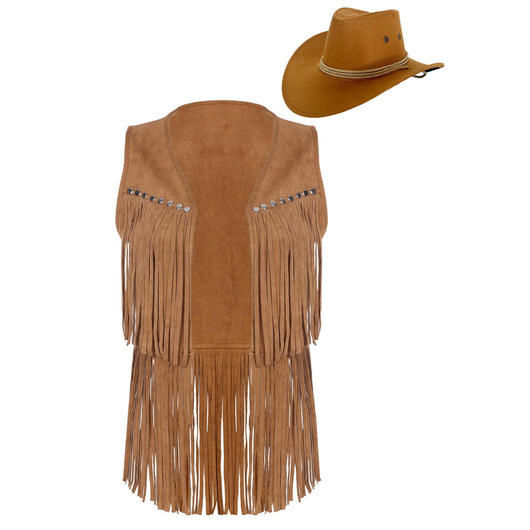Femme Gilet Frangé Sans Manches Veste Cowgirl Avec Chapeau Occidental Gilet Pour Déguisement Mascarade