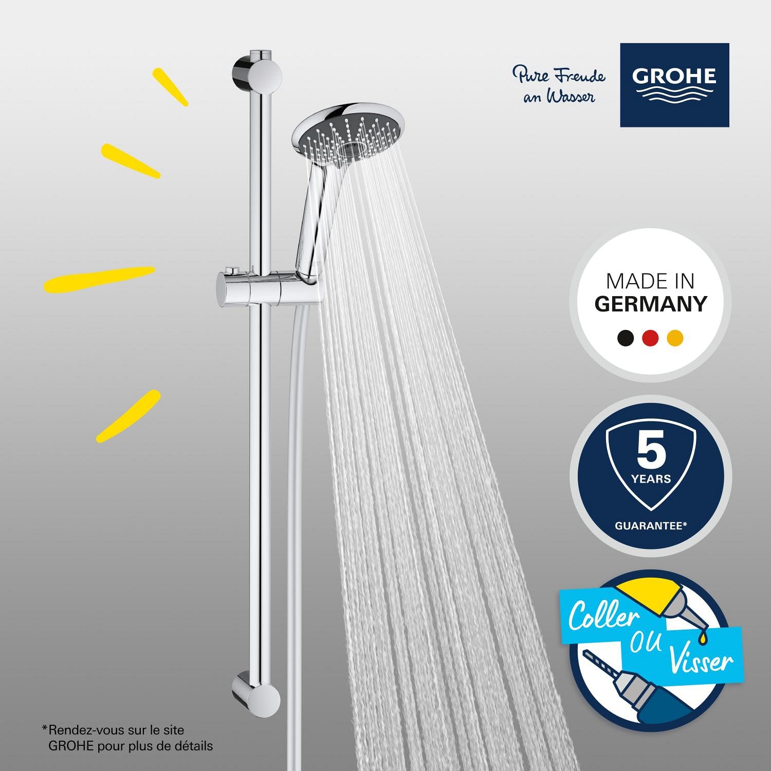 GROHE Ensemble de douche Vitalio Joy 110, pommeau de douche Vitalio Joy 3 jets, barre de 600mm, flexible tuyau de douche VitalioFlex 1750mm, chromé, 27333000 (Import Allemagne)