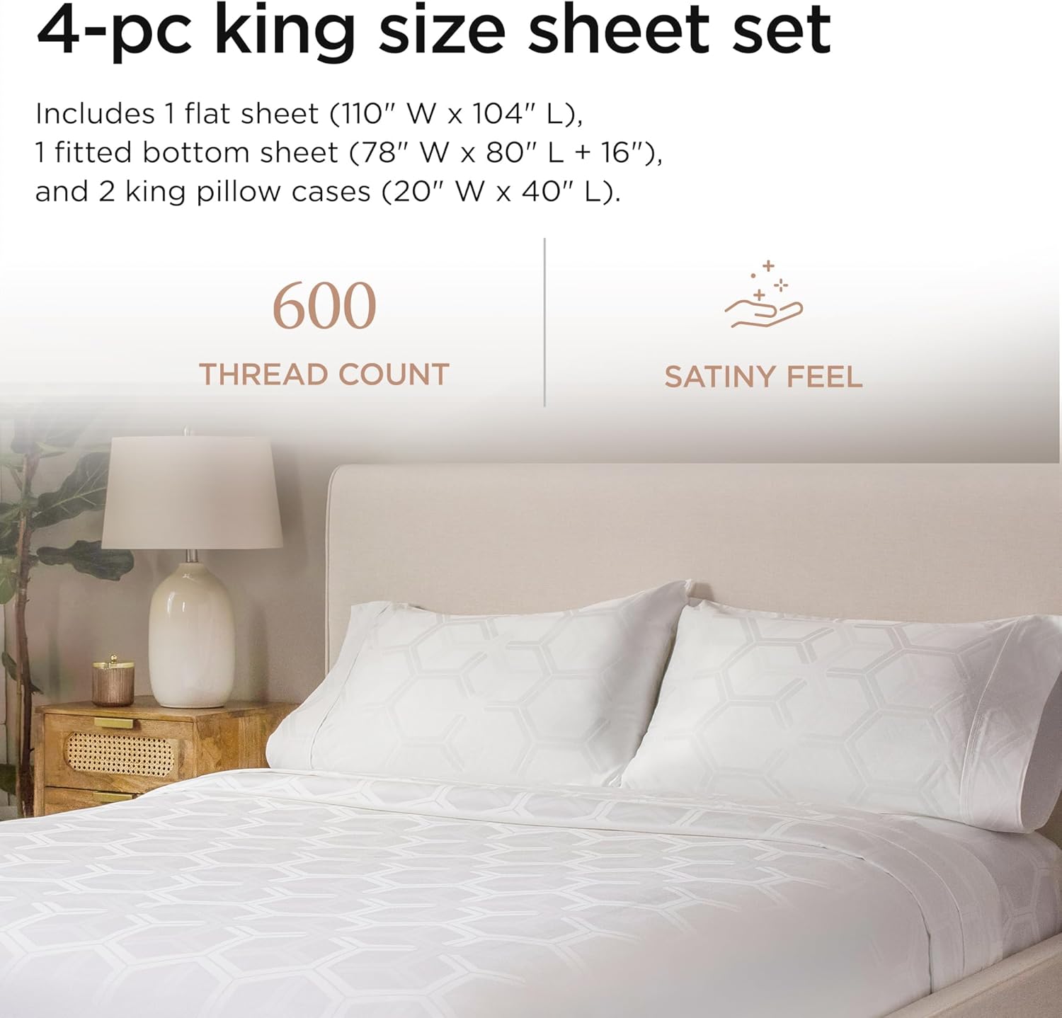 Threadmill 100% Cotton Sheets for King Size Bed - 600 Thread Count King Bed Sheets Set with 16” Deep Pocket - Jacquard Sateen Weave 4-Piece Bedding Set with Cooling Effect, White - Image 2