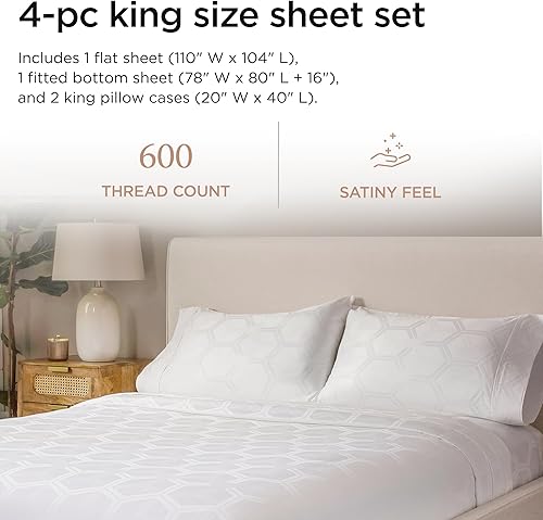 Miniatura 2 de Threadmill Sábanas California king 100 % de algodón natural, 600 hilos, 4 piezas, jacquard, damasco, blanco, calidad hotelera, algodón peinado de