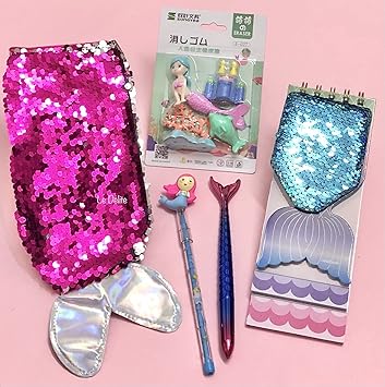 Le Delite Mermaid Combo Set of Mermaid Fur Diary, Mermaid Stationary Pouch & water glitter Gel Pen, Birthday Gift, Return Gift/ mermaid combo /mermaid sequin glitter diary/ mermaid combo birthday gift