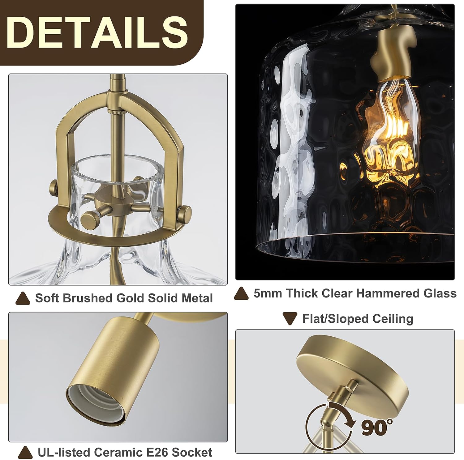 Large Hammered Glass Pendant Lights Kitchen Island Lighting, Brass Brushed Gold Pendant Light Fixtures with 15"H Clear Oversized Glass, Modern Kitchen Pendant Lighting over Island Sink Dining Room E26