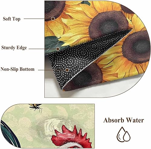 Miniatura 7 de 3.3ft Round Rug, Sunflower Rooster Non-Skid Rubber Backing Large Area Rugs - Living Room Bedroom Home Office, Retro Watercolor Summer Floral Indoor