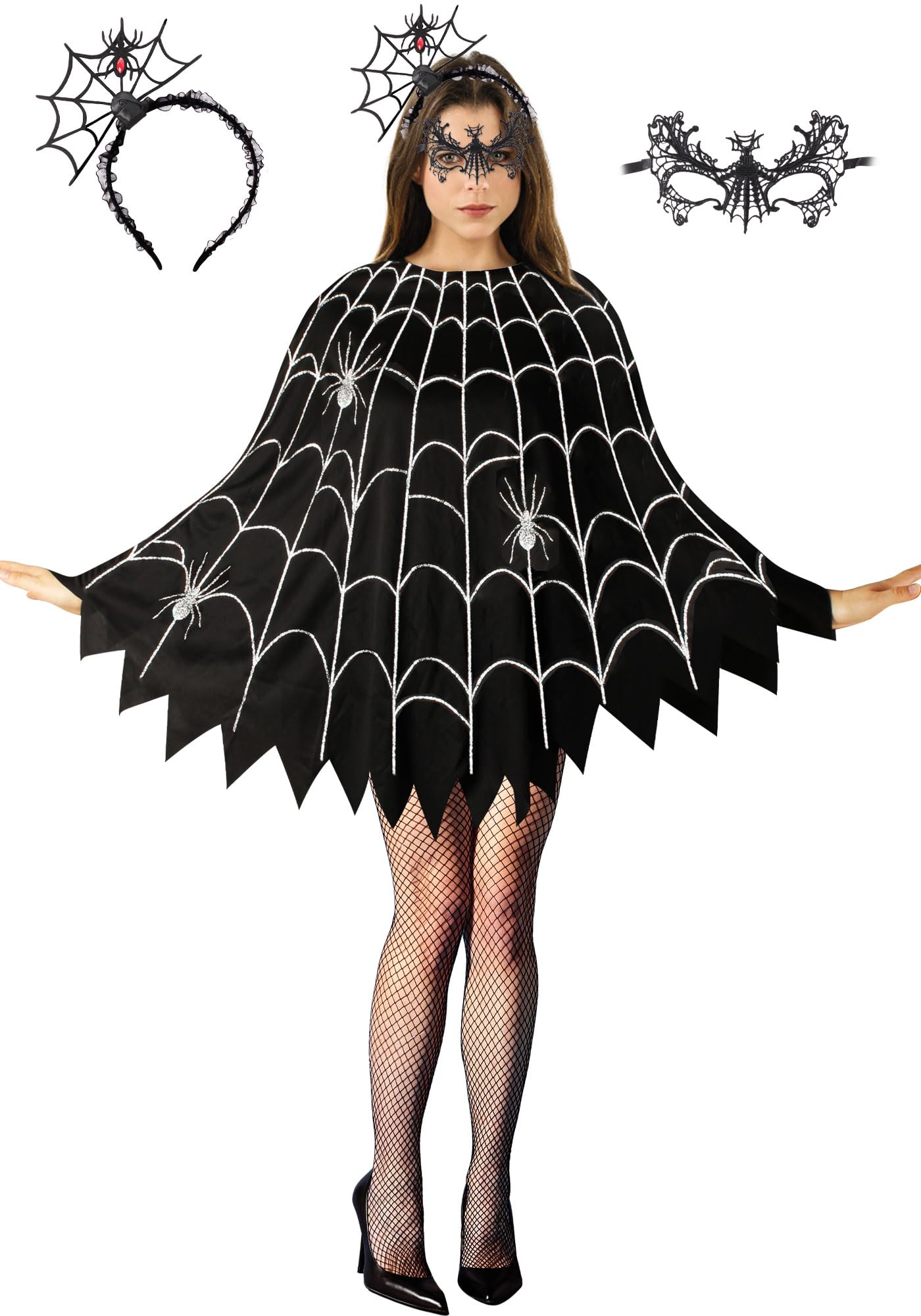 3 Pcs Spider Web Poncho for Women,Spider Web Costume Dress with Headband& Mask,Halloween Costume for Women