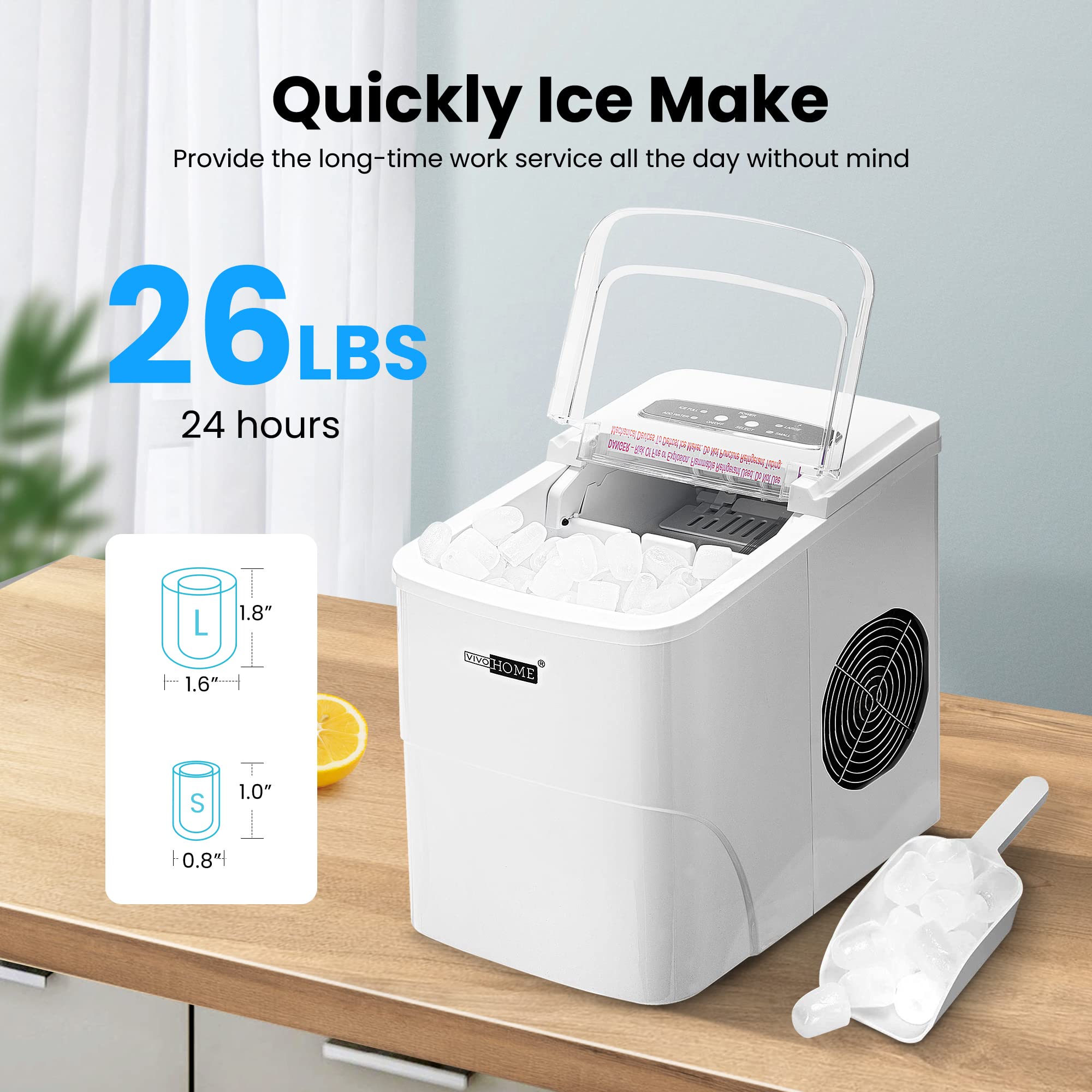 VIVOHOME Electric Portable Compact Countertop Automatic Ice Cube Maker Machine with Self Cleaning Function Visible Window and Hand Scoop White 26.5lbs/Day on Fridge.com