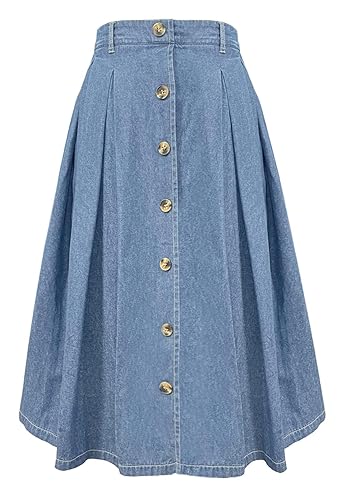 Pleated A-line Midi Skirt Elastic Waist Button Front Casual Flared