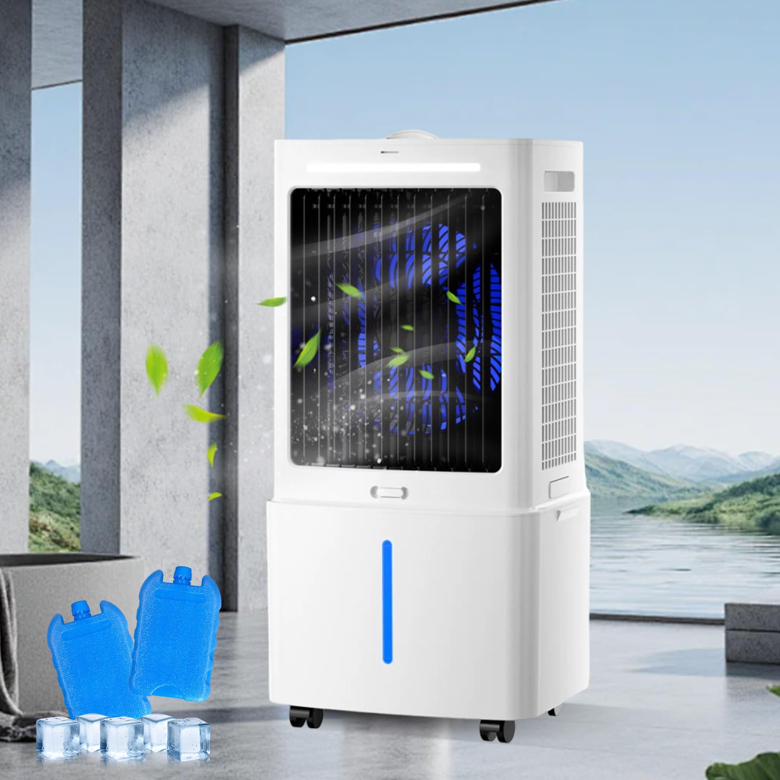 Enfriador de Aire Portátil 25 Litros para Salón con Luz LED de Ambiente, Climatizador Evaporativo con Tanque de Agua Visible Desmontable, 3 Velocidades, 12H, Mando, Ruedas y Cajas de Hielo
