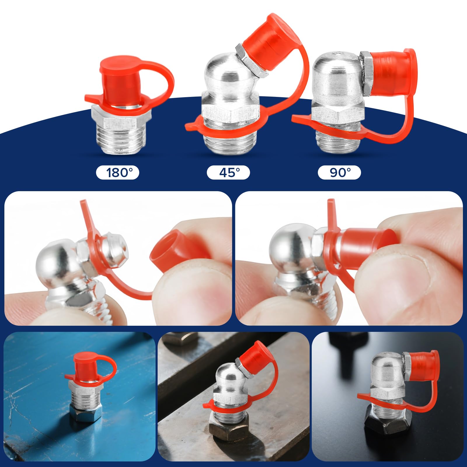Seconero 272 Pièces Assortiment de Graisseur M6 M8 M10 avec Couvercle, Droit Graisse Raccord 45° 90° 180°, Raccord de Pistolet à Graisse Coupleur avec Tuyau de 30cm, Mamelon de Graisse Hydraulique - 5