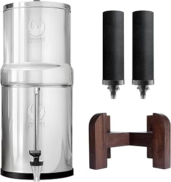 Phoenix Gravity - 8L Stainless Steel Water Filter NSF/ANSI 42 and 372 Certified with 2 Carbon Filter Cartridges and 2 POSTreat Steel Fluoride Removal Cartridges + Steel Stand