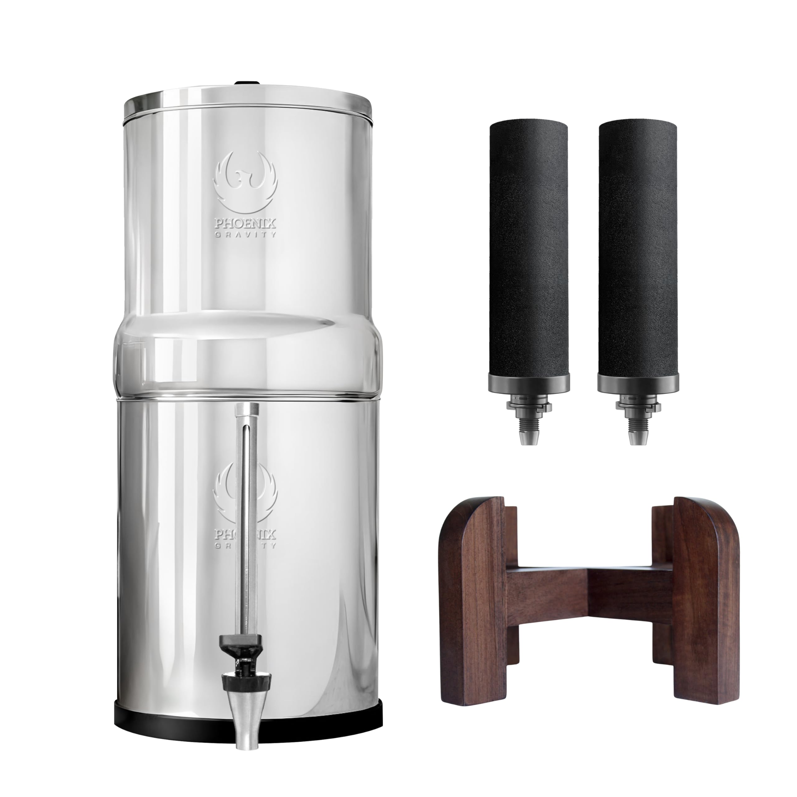 Phoenix Gravity - 8-Liter-Edelstahl-Wasserfilter (NSF/ANSI 42- und 372-zertifiziert) mit 2 Carbon-Filterkartuschen und 2 POSTreat Steel-Filterkartuschen zur Fluoridentfernung, inklusive Stahlständer