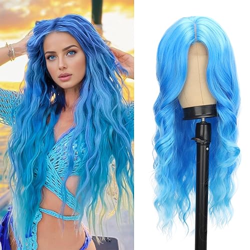 Miniatura 16 de Peluca larga ondulada marrón degradado para mujer, de 26 pulgadas, raya en medio, pelucas de aspecto natural, fibra sintética resistente al calor