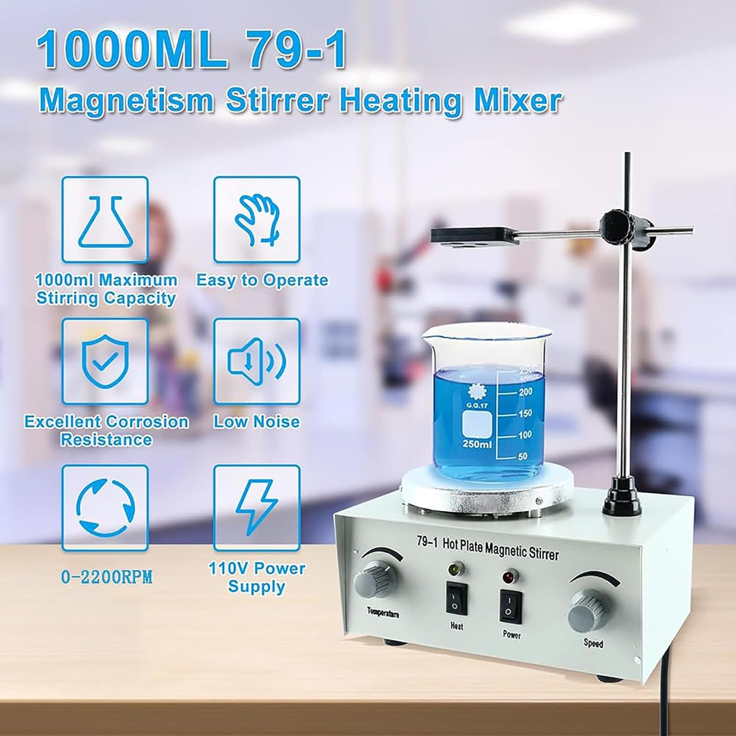 Magnetic Stirrer, 1L Overhead Hotplate Mixer, 0-2400RPM Adjustable Speed, Room Temperature - 100℃ Adjustable,1L Overhead Stirrer, for Laboratories, Research Centers, Schools