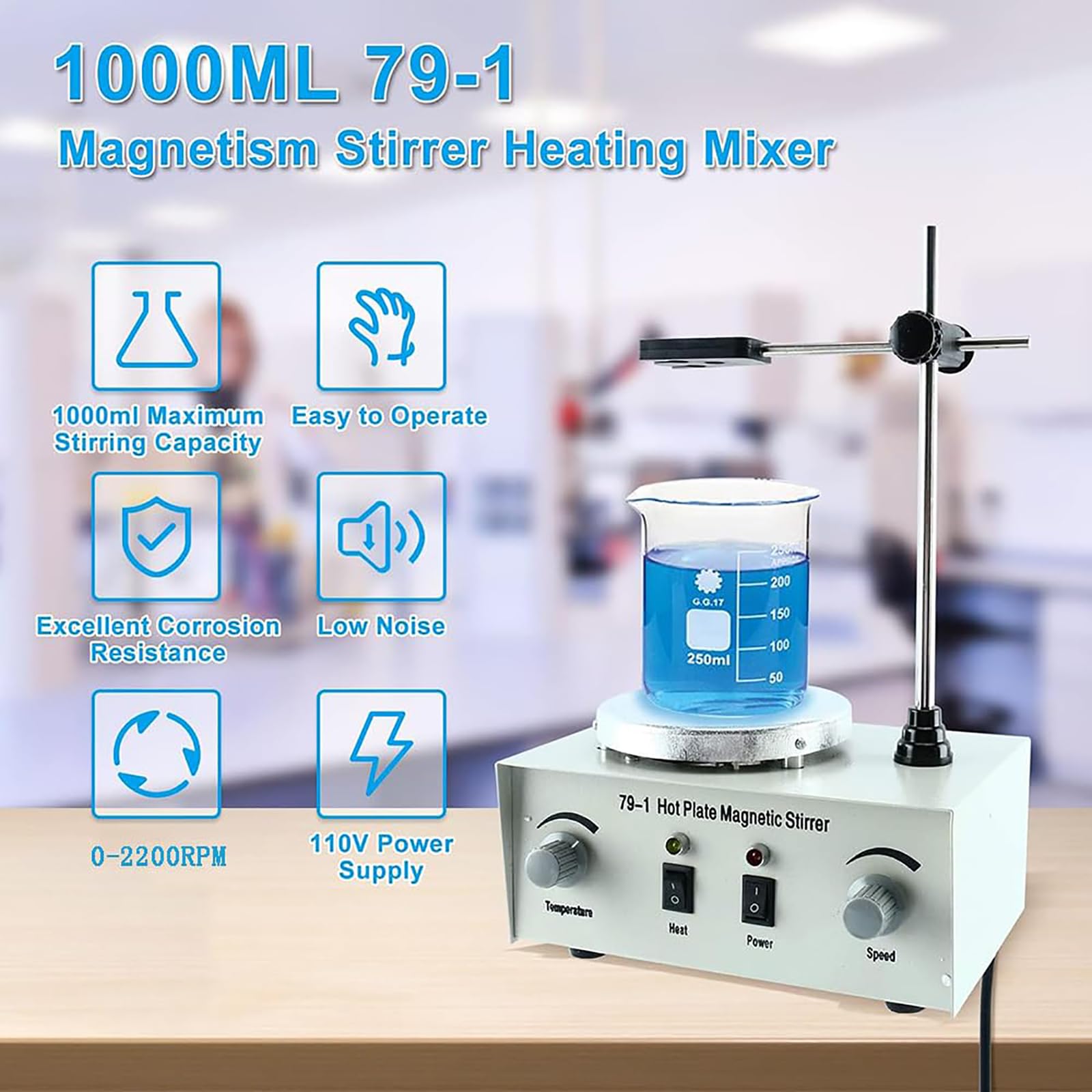 Magnetrührer über Kopf, 1L Kapazität, einstellbare Geschwindigkeit 0-2400 U/min, Temperaturregelung 0-100 ℃, ideal für Labor und Forschungszentren