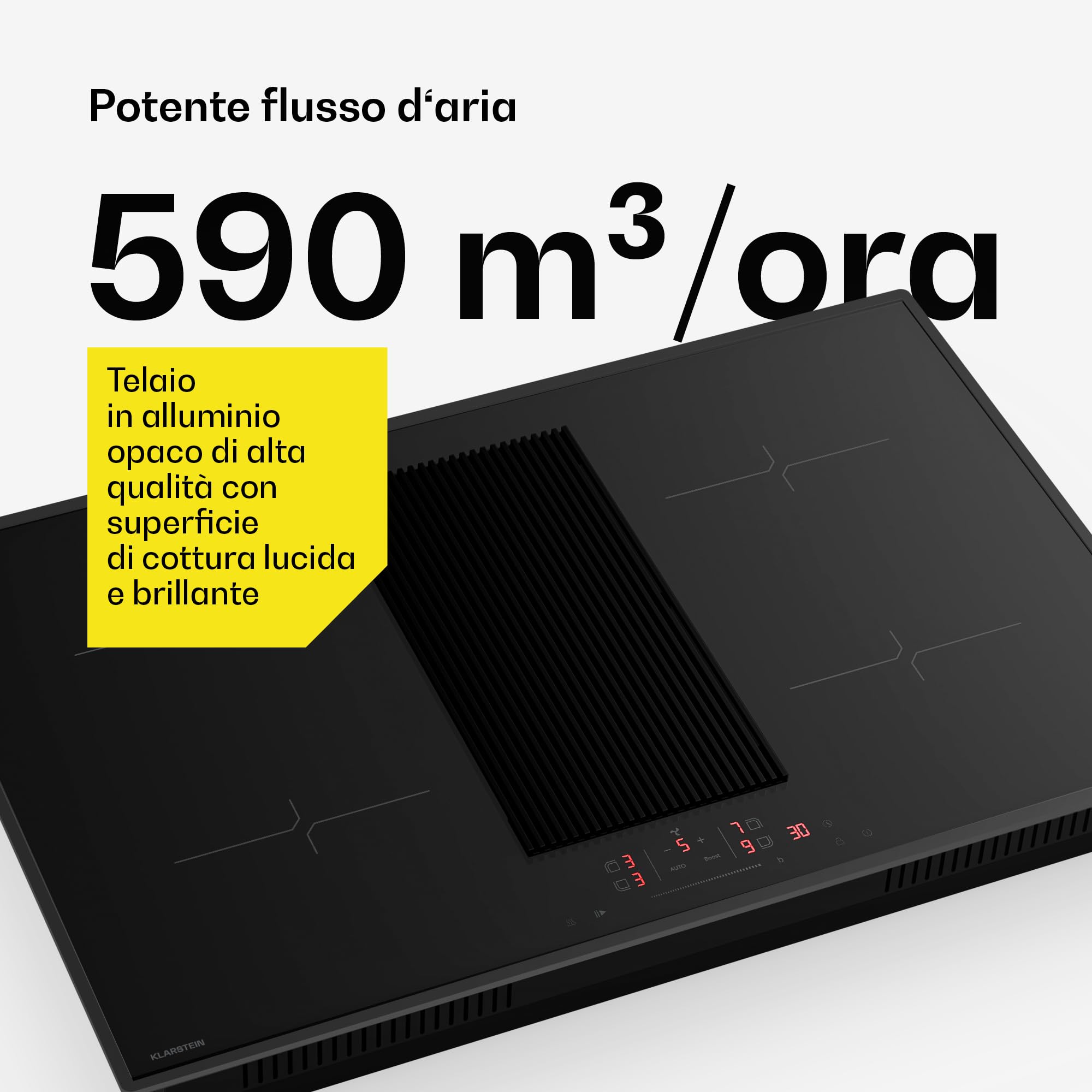 Klarstein Velaire Piano Induzione con Cappa Integrata - 4 Zone, 8400W Boost, Touch Slider, Timer, Blocco Bambini, Rilevamento Pentole, Vetro Nero, 80cm, Piano Cottura Cappa Integrata