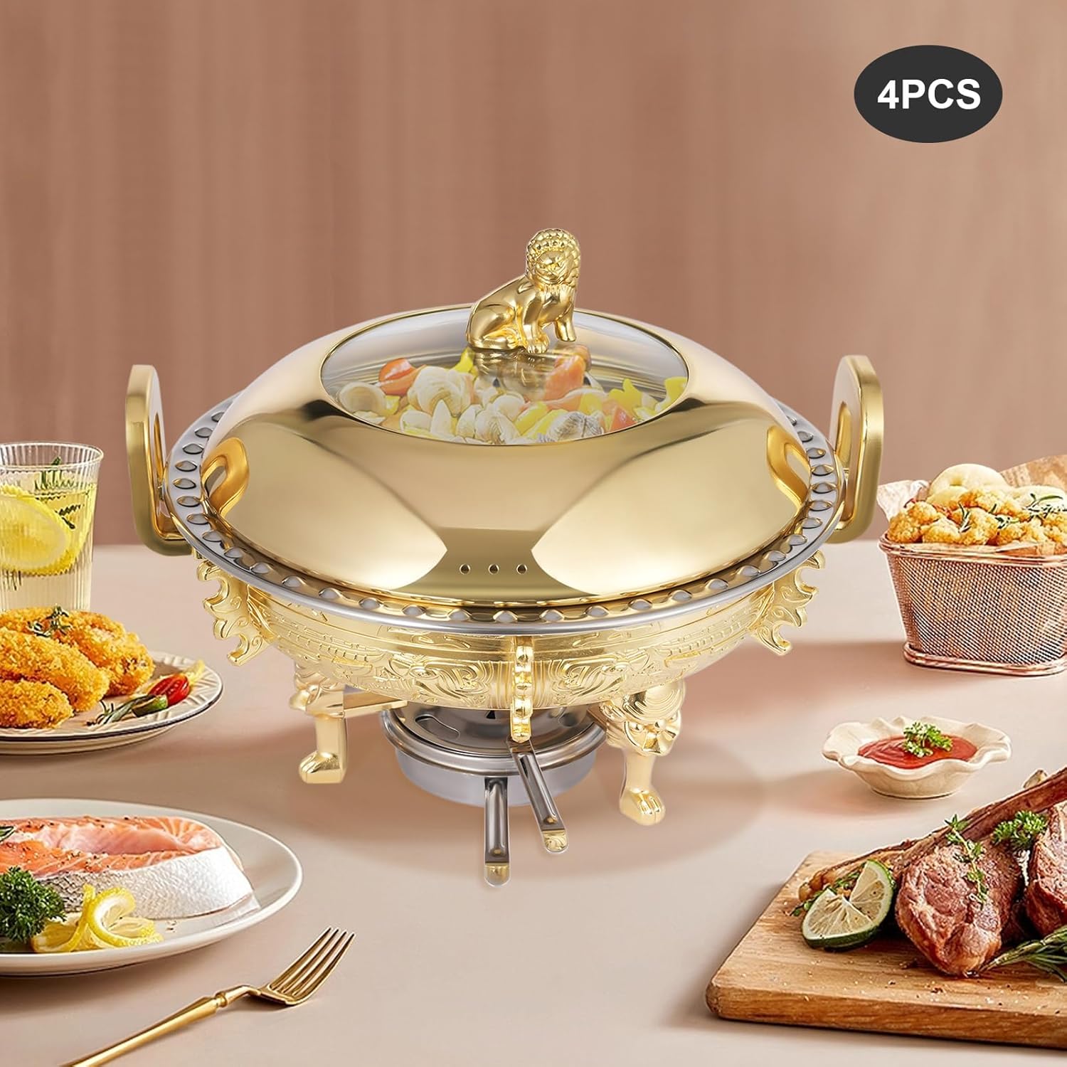 4PCS Chafing Dish Buffet Set, Stainless Steel Round Chafing Dishes Serving Food Warmer for Catering Events Parties Weddings (Gold)