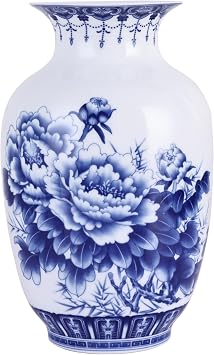Handcrafted Blue and White Porcelain Thin Body Vases - Traditional Chinese Chinoiserie Thin-Wall Winter Melon Wide Mouth Design,Perfect for Home Decor, Desk, and Display Shelves Flowers