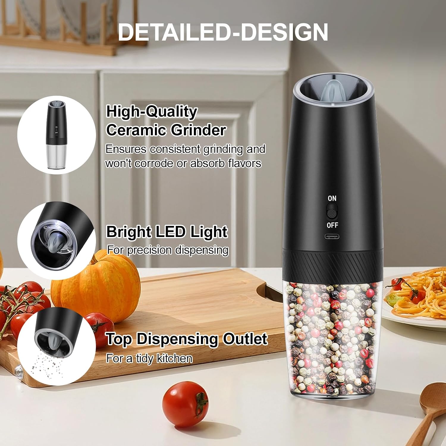 Automatic Electric Gravity Salt and Pepper Grinder Set - One-Hand Operation, Adjustable Coarseness, LED Light, Stainless Steel & Ceramic Core - Perfect for Kitchen, Camping(Black-2pcs)