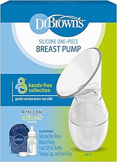 Dr. Brown's 100% Silicone One-Piece Breast Pump, Hands-Free Breast Milk Collector with Anti-Colic Options+ Baby Bottle, 4 oz with Slow Flow Nipple, Travel Lid and Travel Bag