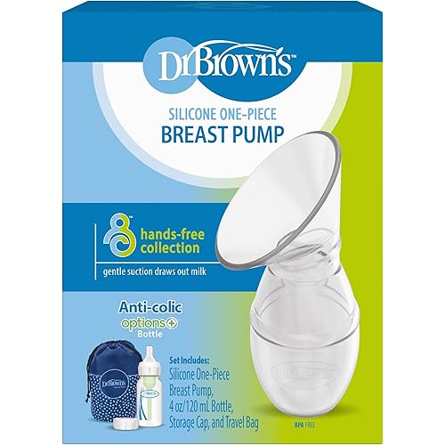 Dr. Brown's 100% Silicone One-Piece Breast Pump, Hands-Free Breast Milk Collector with Anti-Colic Options+ Baby Bottle, 4 oz with Slow Flow Nipple, Travel Lid and Travel Bag