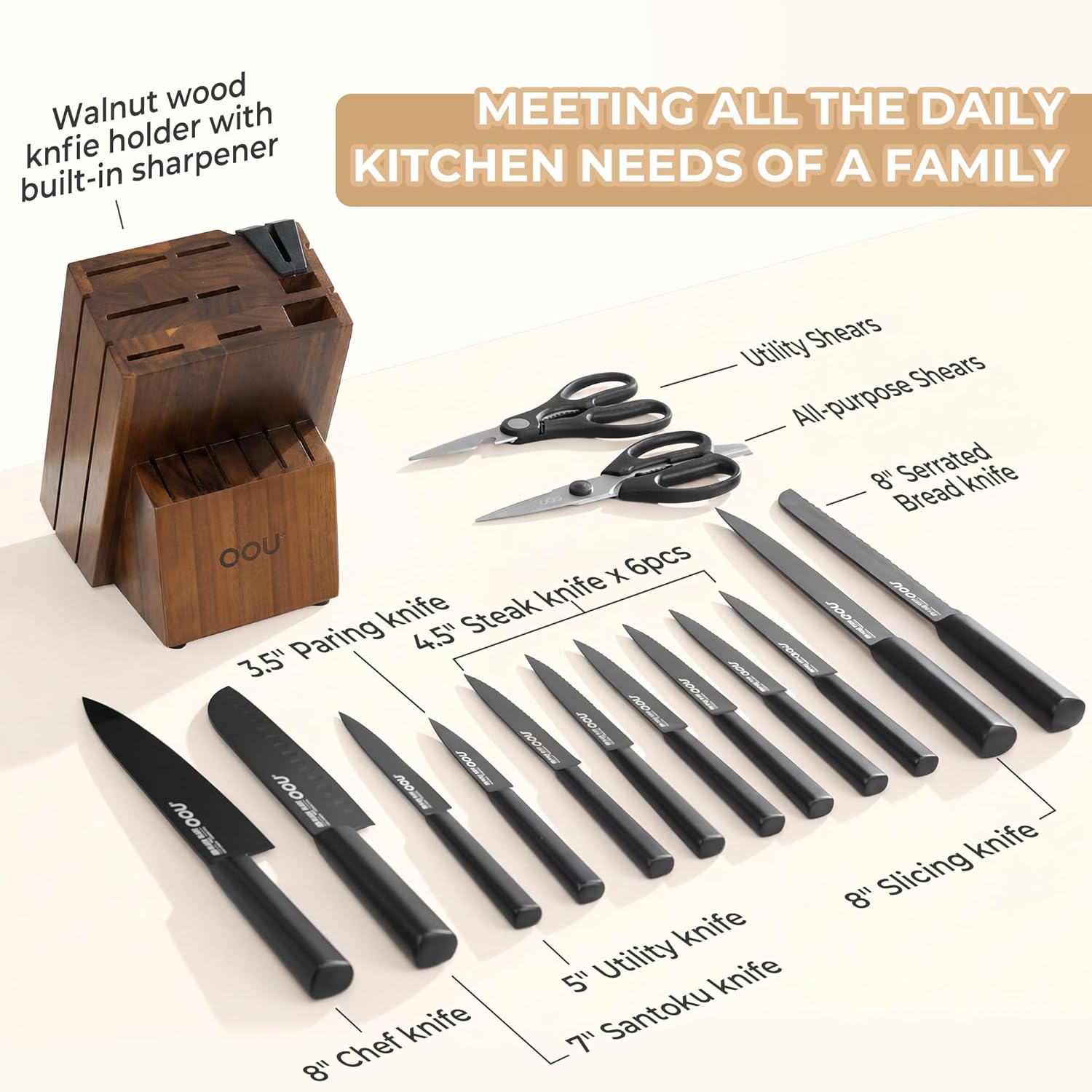 OOU Kitchen Knife Block Set - 15 Pieces High Carbon Stainless Steel Chef Knife Sets, Anti-Rust Black Knives Set with Built-in Sharpener Block, Brown