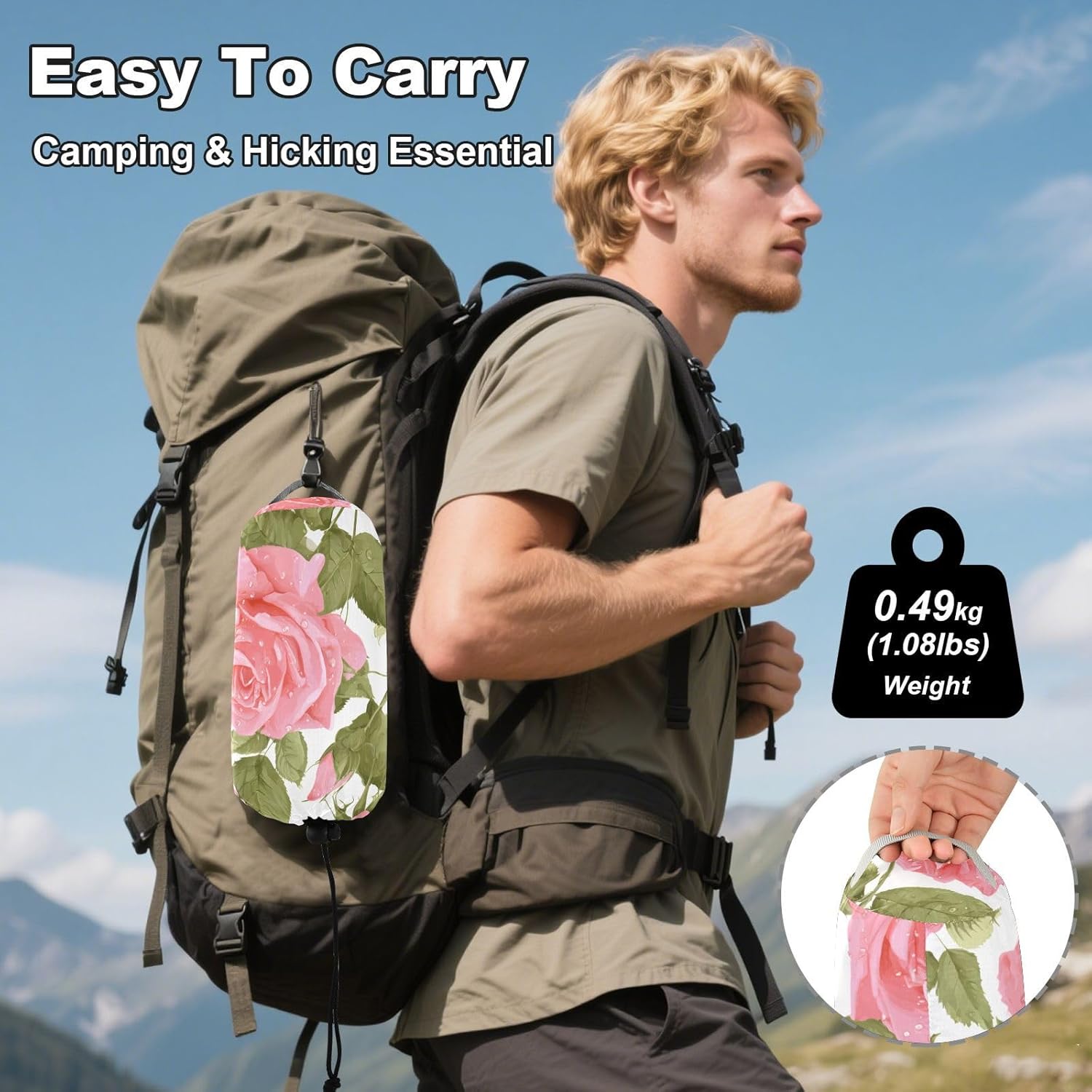 ALAZA Pink Rose Flower Camping Hammocks Single or 2 Person 500 lbs Portable Parachute Travel Hammock w/Tree Straps for Hiking Backpacking Indoor Outdoor