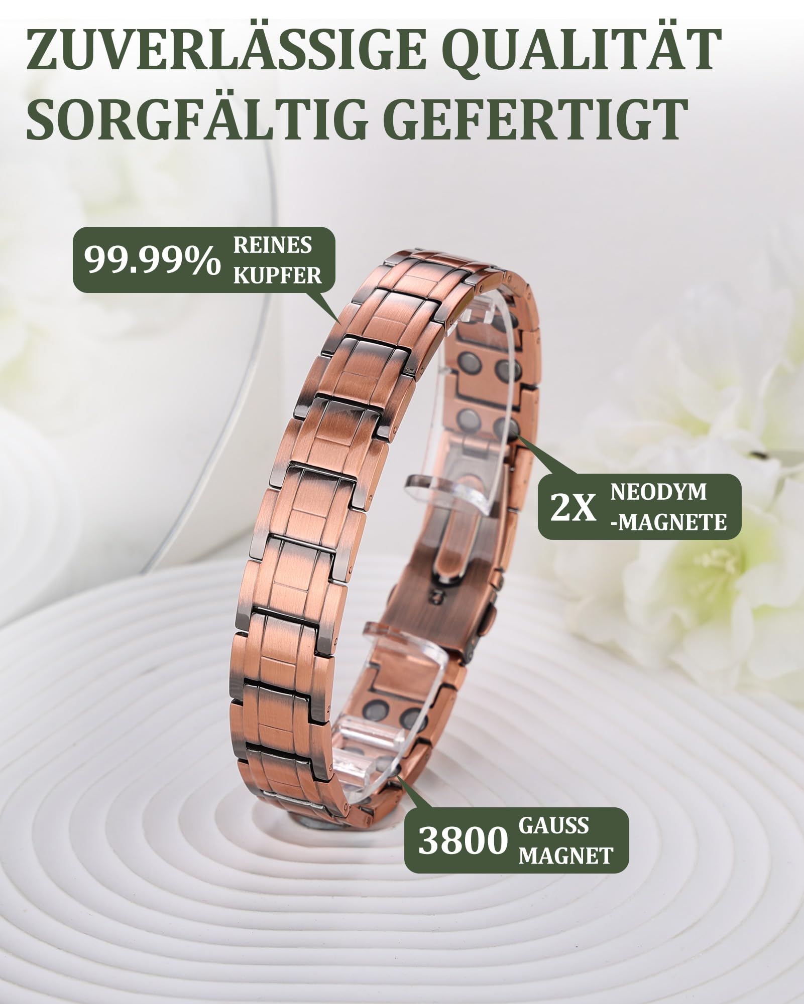BioMag Herren Kupferarmband aus 99,99% Reinkupfer, Magnetarmband mit Schmetterlingsverschluss und integriertem Größenregler