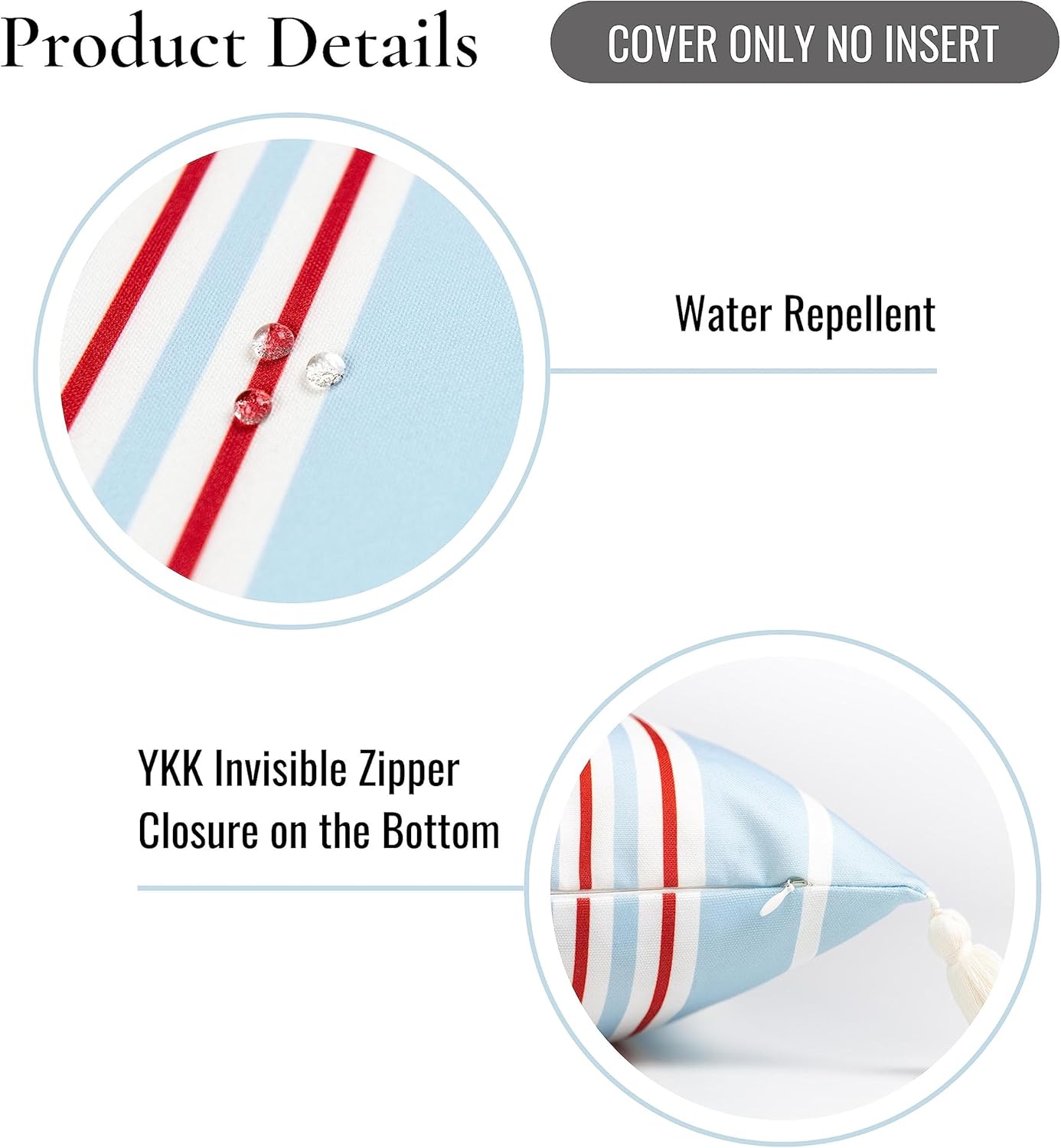 Hofdeco Premium Coastal Hampton Style Patio Indoor Outdoor Throw Pillow Cover Only, 18"x18" Water Resistant for Backyard, Couch, Baby Blue Red Stripe Tassel