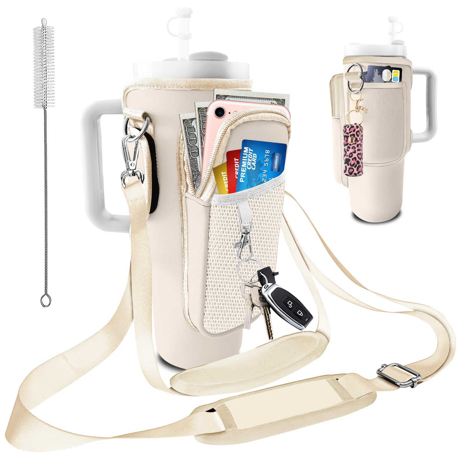 bolimoss Stanley Cup Holder with Phone Pocket for 40/30 oz Tumbler Beige Neoprene Water Bottle Holder Pouch with 2 Adjustable Straps & 3 Pockets, Stanley Travel Cup Accessories for Walking