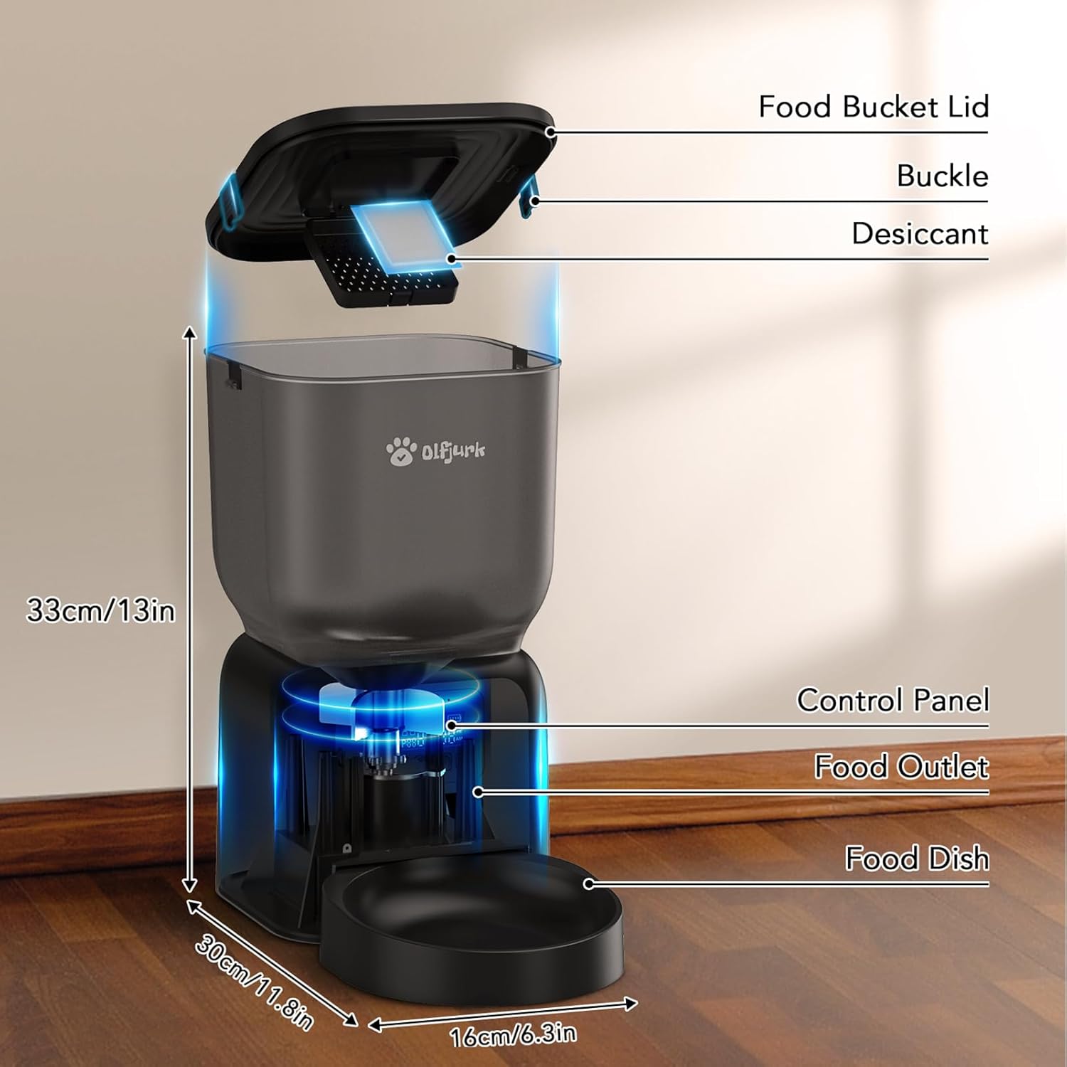 Diagram of Olfjurk Automatic Pet Feeder components and dimensions