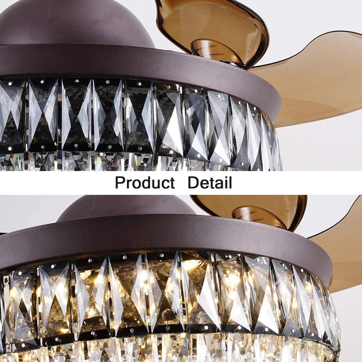 42" Retractable Fandelier Ceiling Fans with Lights Remote, Modern Crystal Chandelier Ceiling Fan LED Lighting Fixture Quiet Motor for Bedroom Dining Living Room, Brown