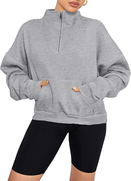 PRETTYGARDEN Womens Quarter Zip Long Sleeve Cropped Sweatshirt 2026 Fall Winter Casual V Neck Pullover Tops With Pockets(Light Grey,Large)