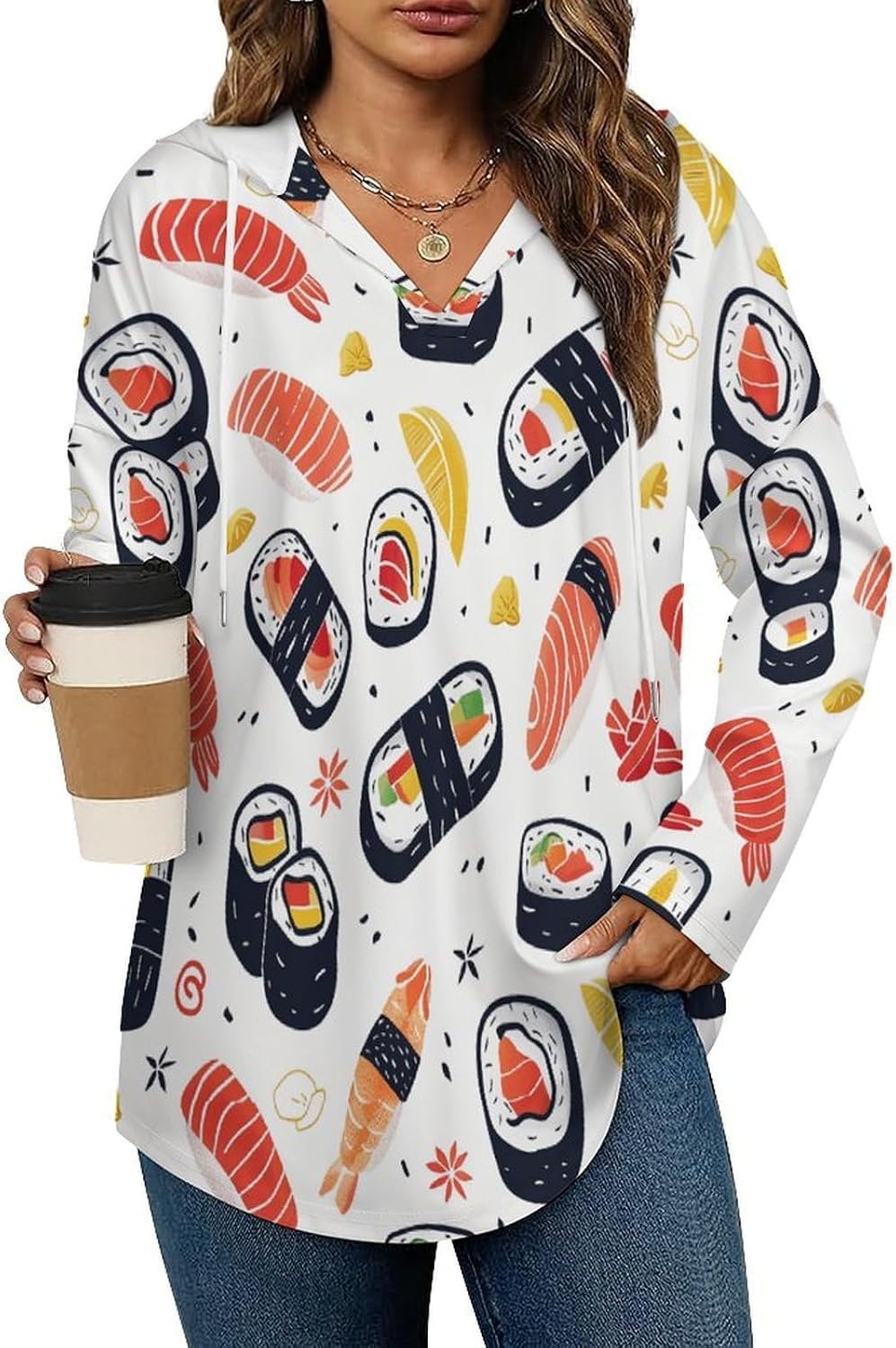 Women's V-Neck Hoodies Long Sleeve Pullover Sweatshirt with Drawstring, Loose Fit Lightweight Casual Top
