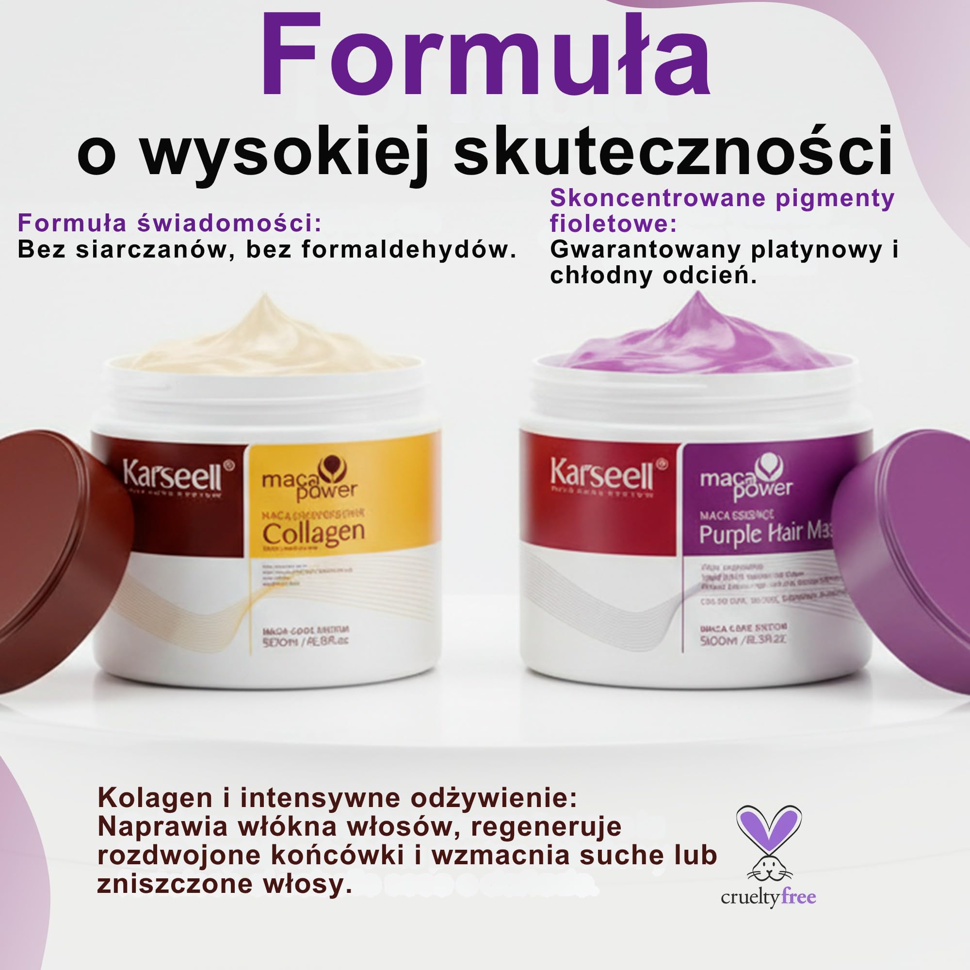 Karseell MACA CARE SYSTEM 1 Maska z Kolagenem + 1 Fioletowa Maska Tonująca Włosy Suche Zniszczone Farbowane Blond Siwe Rozjaśniane Regeneracja Nawilżenie Bez SLS 2 x 500ml