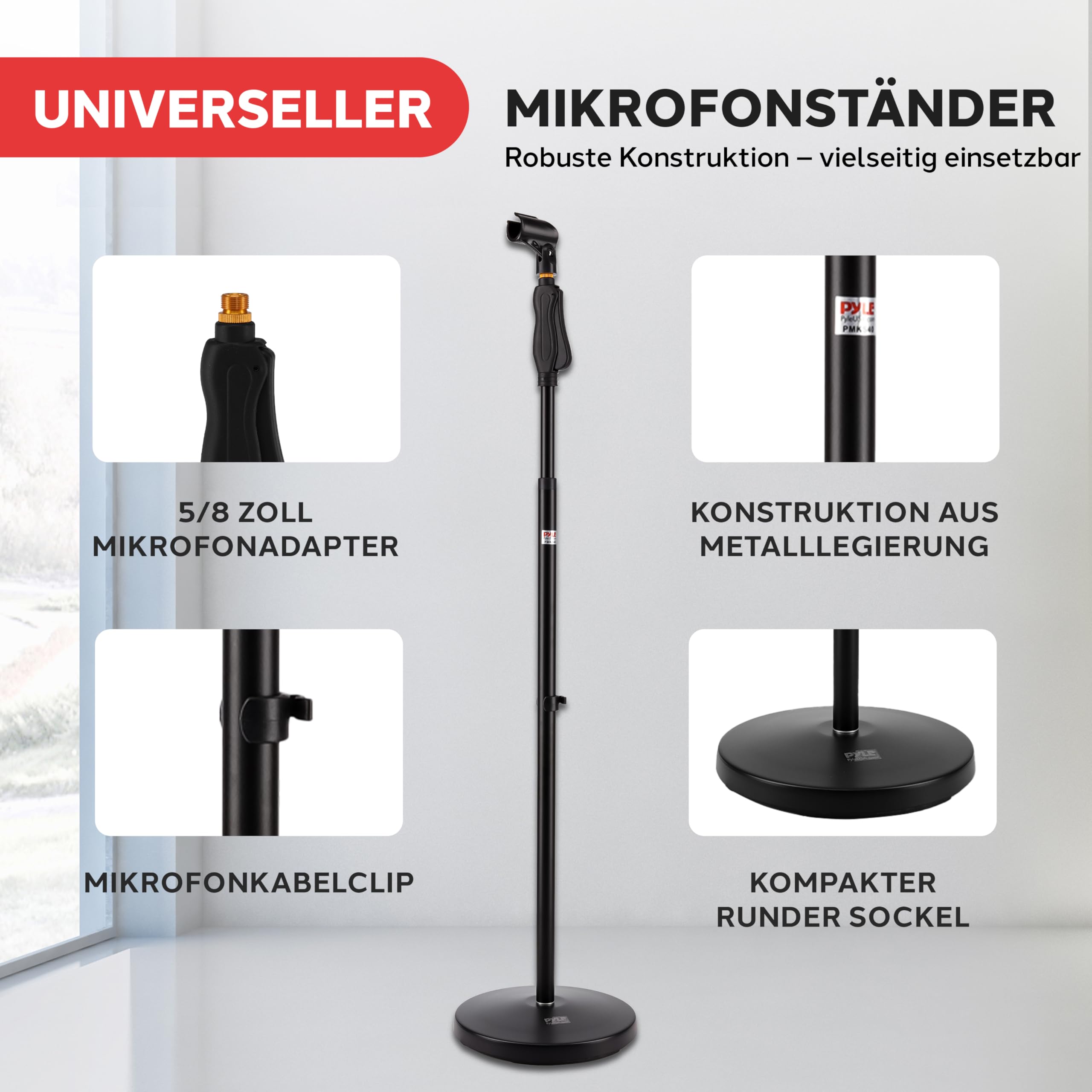 Pyle Mikrofonständer – Höhenverstellbares Mikrofonstativ 70–146 cm mit runder Standbasis – Stabil & kompakt für Bühne, Schule & Studio – Ideal für Kinder, Karaoke, Sprachaufnahme & Auftritt