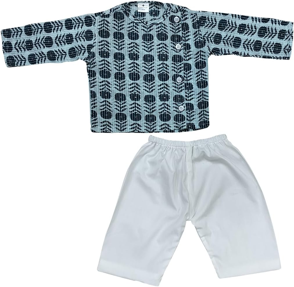 The Root & Craft Baby 2-Piece Outfit Set, Floral Printed Long Sleeve Shirt Kurta with White Pants, Blue and White (0-3 Month Newborn Baby) - Image 3