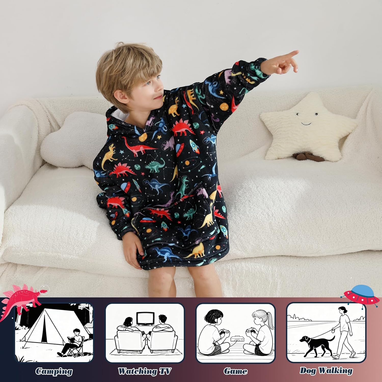 Kids Wearable Blanket, Toddler Sherpa Sweatershirt Hoodie with Front Pocket Comfy Warm Hugs - Image 7