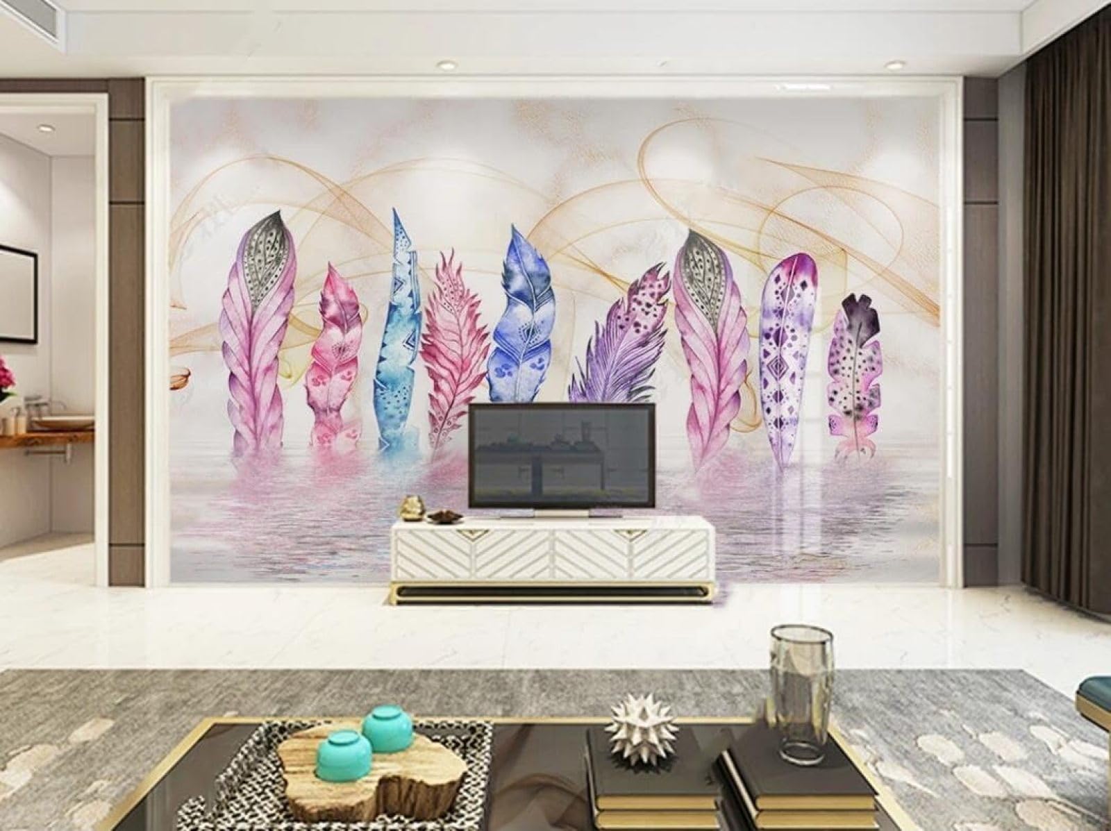 XLMING Abstract Geometric Colourful Feathered Accent Reflection 3D Wallpaper Textured Silk Easy Install Living Room Sofa Bedroom Dining Room Home Decoration Wall-400cm×280cm