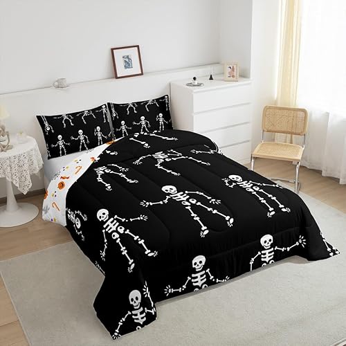 Miniatura 5 de Erosebridal Juego de ropa de cama gótica negra tamaño Queen, juego de edredón de decoración de calavera para niños y adolescentes, juego de ropa de