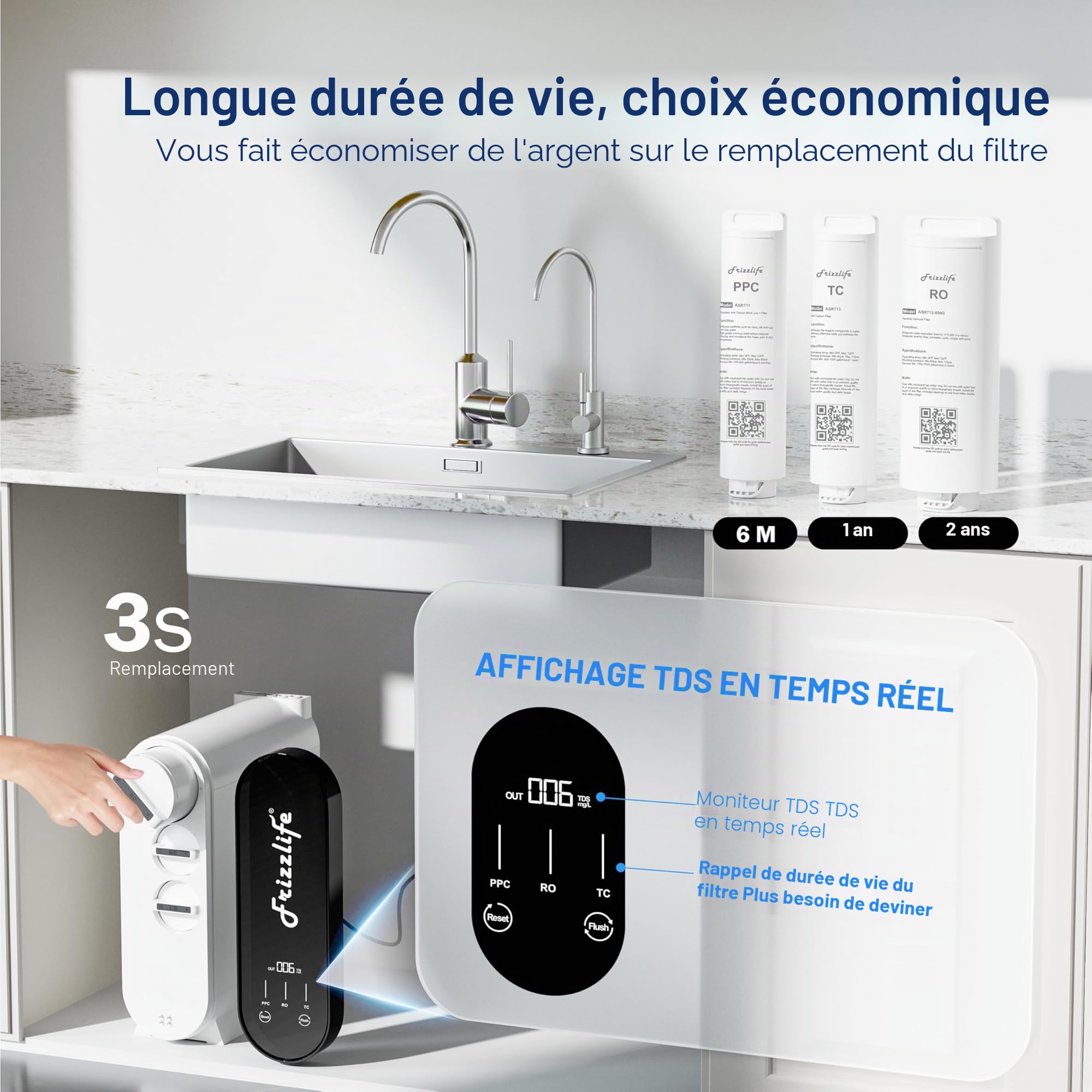 Frizzlife Système d'osmose inverse, 600 GPD, système de détartrage RO, filtre à eau sous évier 2:1, pur pour le drainage, réduit les TDS, sans réservoir, sans BPA, PX600