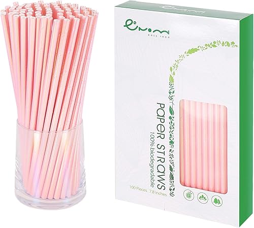 EASY ROAD Paquete de 100 popotes de papel biodegradables, pajitas de papel de color rosa iridiscente para jugos, batidos, suministros de fiesta,