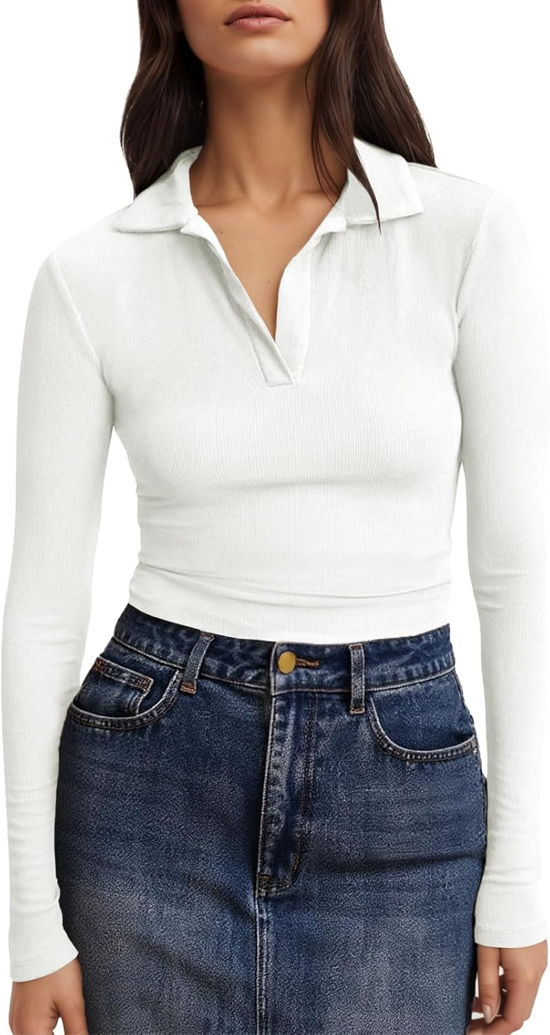 Tankaneo Womens Long Sleeve Polo Shirts V Neck Collared Work Shirt Slim Fit Ribbed Knit Basic Going Out Fall Tops