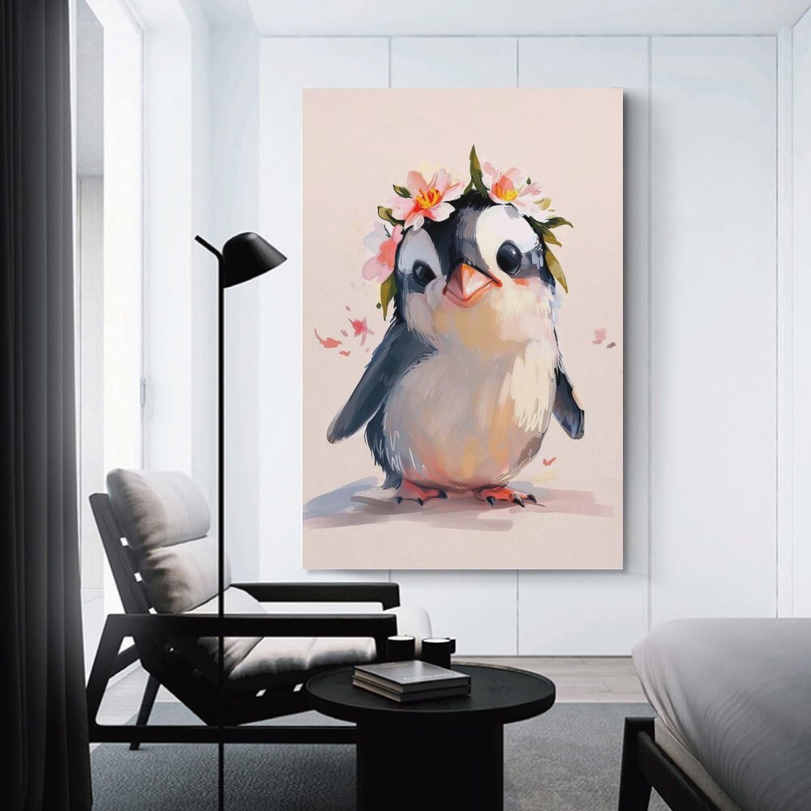 Junmoney Penguin Flower Wall Art Print, 08x12inch(20x30cm), for Wall Displays, Bedrooms Or Room Updates, A Versatile Canvas Print for Layering